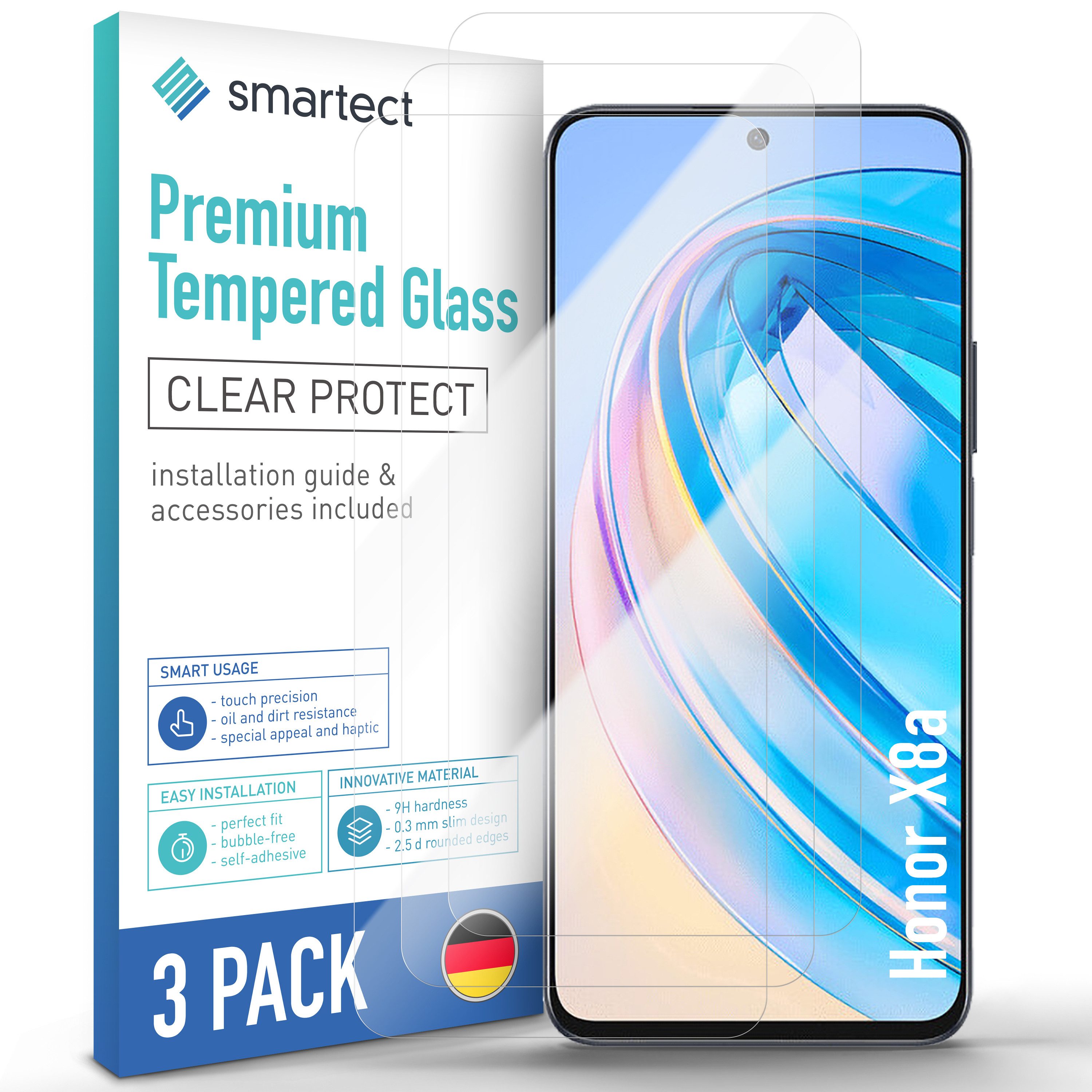 smartect Displayschutzglas Schutzglas Klar für Honor X8a, 3 Stück für Honor X8a, 3 Stück, Anti-Fingerabdruck, 9H HŠrte, Blasenfreie Installation