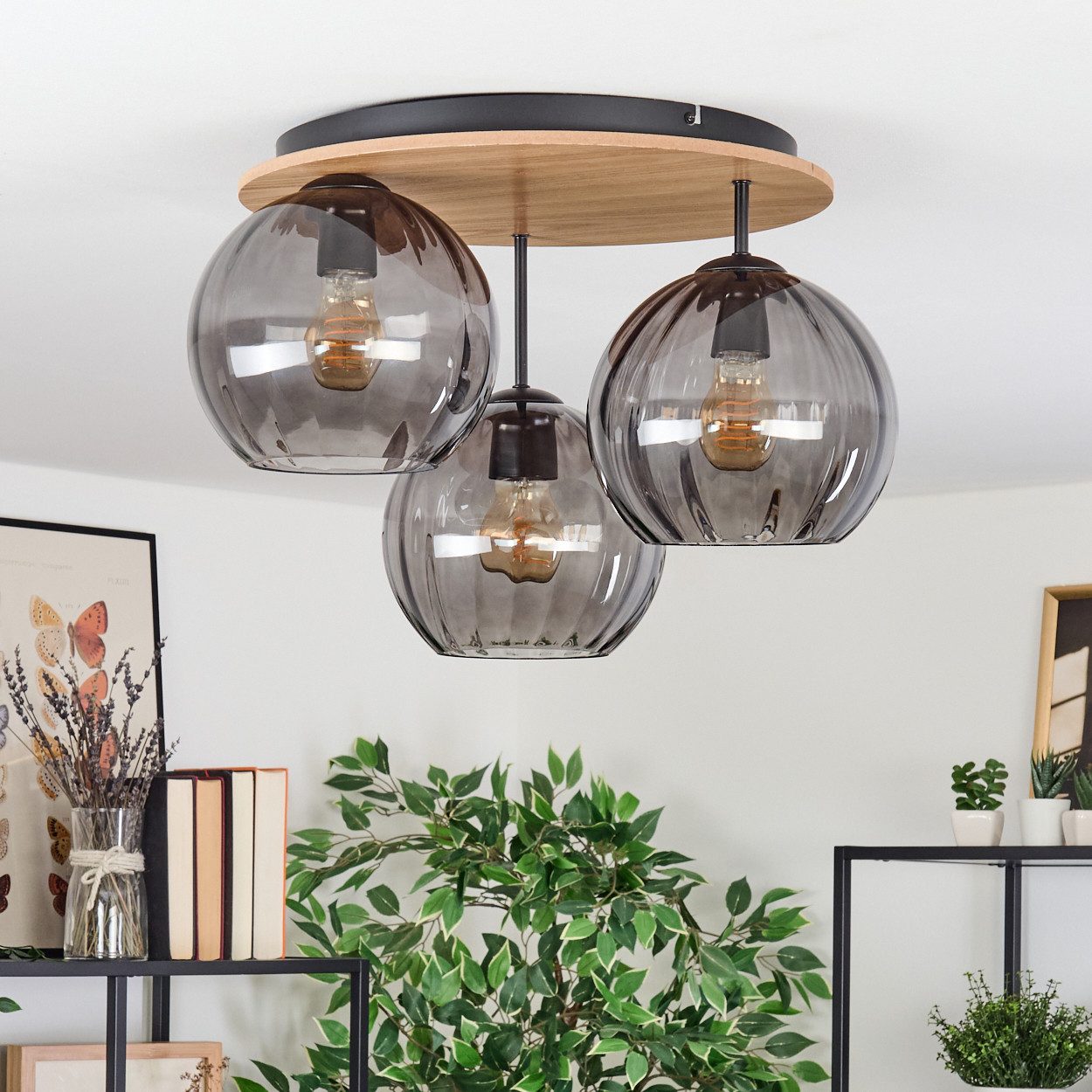 hofstein Deckenleuchte Deckenlampe aus Metall/Holz/Riffelglas in günstig online kaufen
