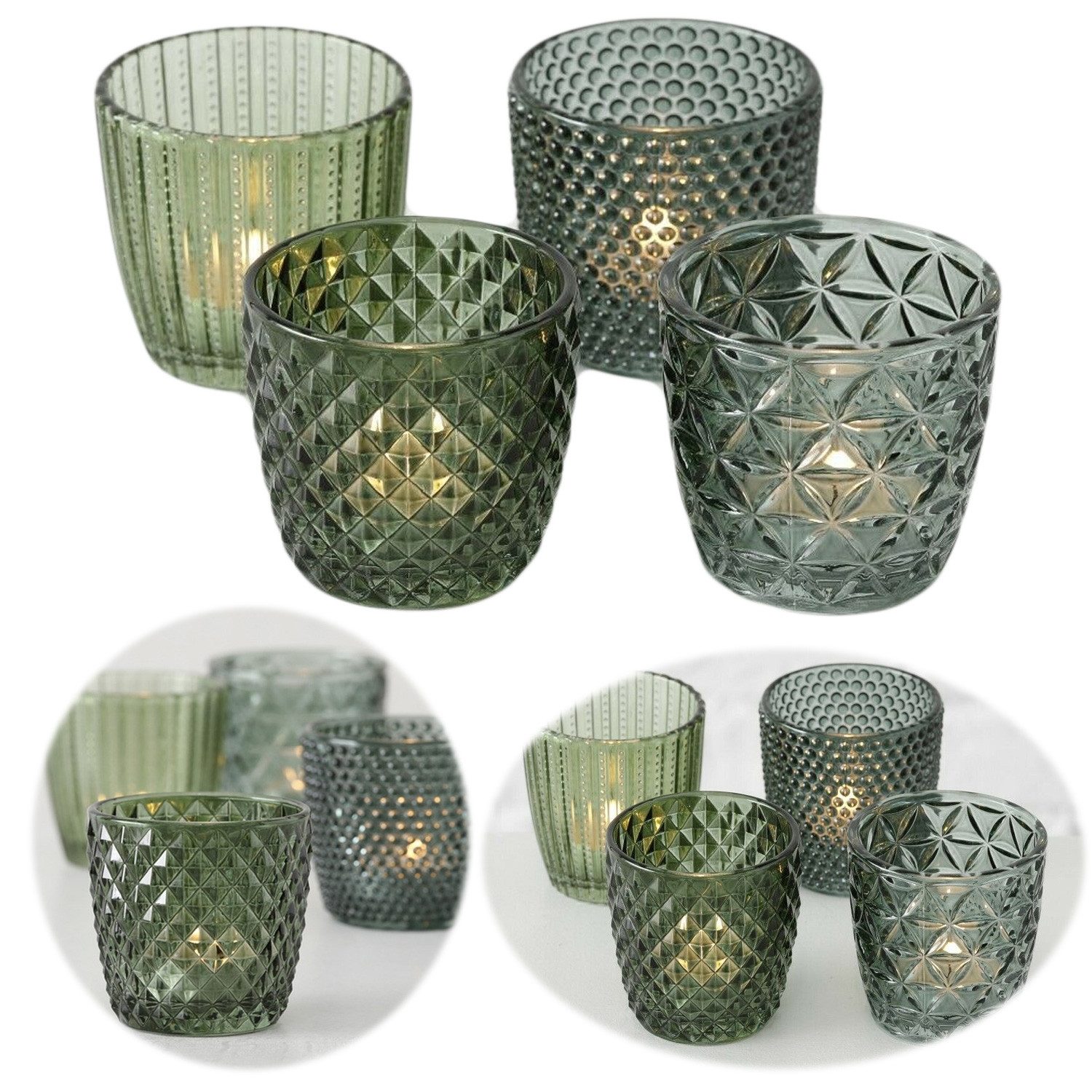 LS-LebenStil Teelichthalter 4´er Set Teelichtgläser Retro Grün 7cm Glas Windlicht (4´er Set Kristall Ornament Windlicht für Teelichter, 4 St., Halter Kerzenständer Tischdeko Kerzenhalter Gläser für Teelichter), 7x7cm, 4´er Set Kristall Ornament Windlicht für Teelichter