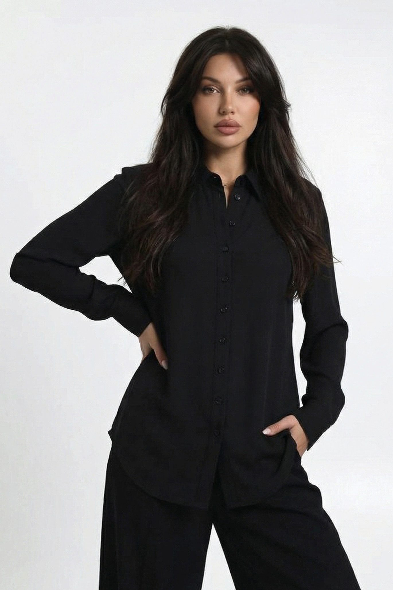 Blusenshirt Damen Fitted Travel Bluse Black - Knitterarm & Formstabil