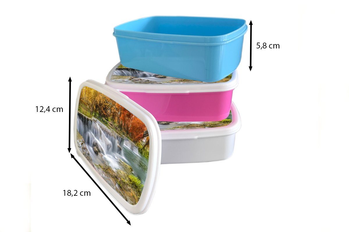 - Kunststoff, - Erwachsene, - (2-tlg), Brotdose, und für für Wasserfall MuchoWow Herbst Bäume, Mädchen Jungs Natur und Brotbox weiß Kinder Lunchbox