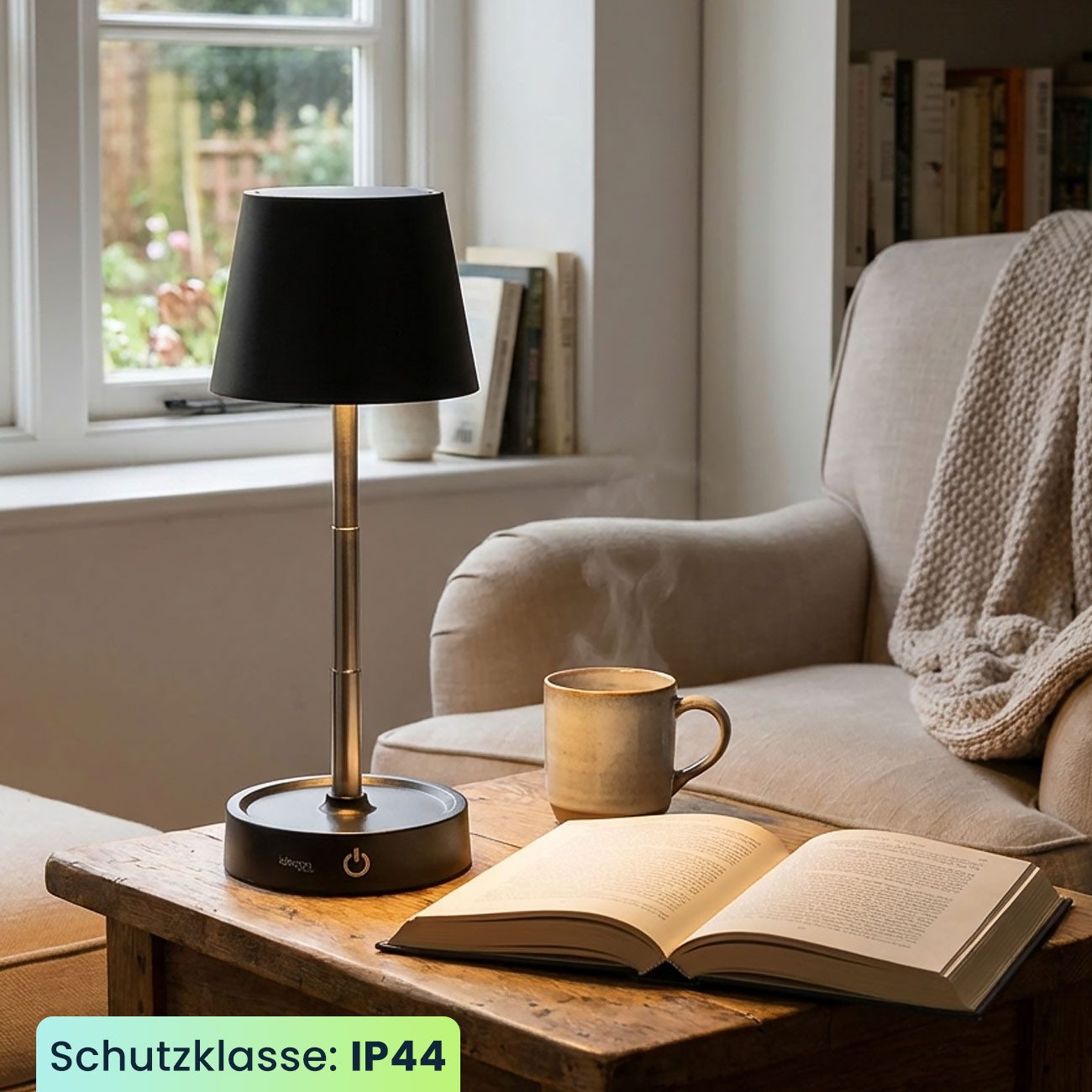 shop'n smile ideoon LED Tischleuchte Dimmbare LED-Tischleuchte mit Akku Nachttischlampe höhenverstellbar, LED fest integriert, Stufenlos dimmbar, höhenverstellbar 11,5 bis 28,5cm & IP44