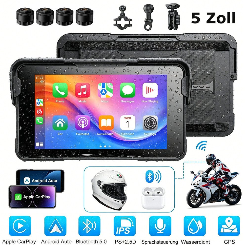 ESSGOO 5 Zoll GPS Navigationsgerät Navi Für Motorrad Carplay Android Auto BT Motorrad-Navigationsgerät (Bluetooth)