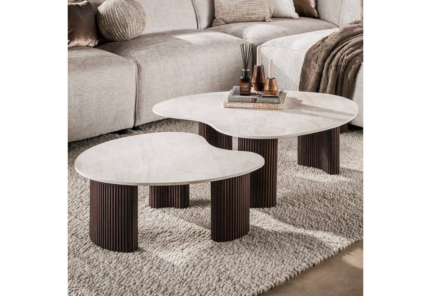 alesvelt Couchtisch Set CERAMO APERTO 2-tlg. organisches Design-Set mit 3D-Keramikplatte (2er-Set), 102x35cm 77x30cm