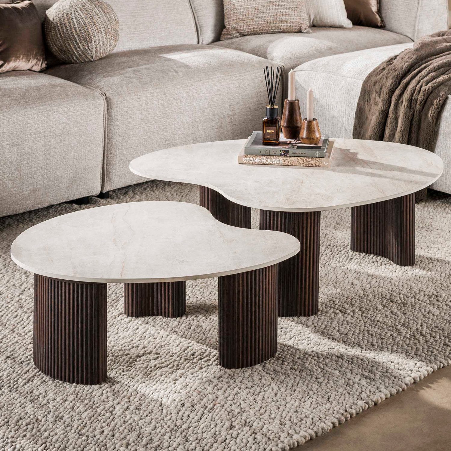 alesvelt Couchtisch Set CERAMO APERTO 2-tlg. organisches Design-Set mit 3D-Keramikplatte (2er-Set), 102x35cm 77x30cm