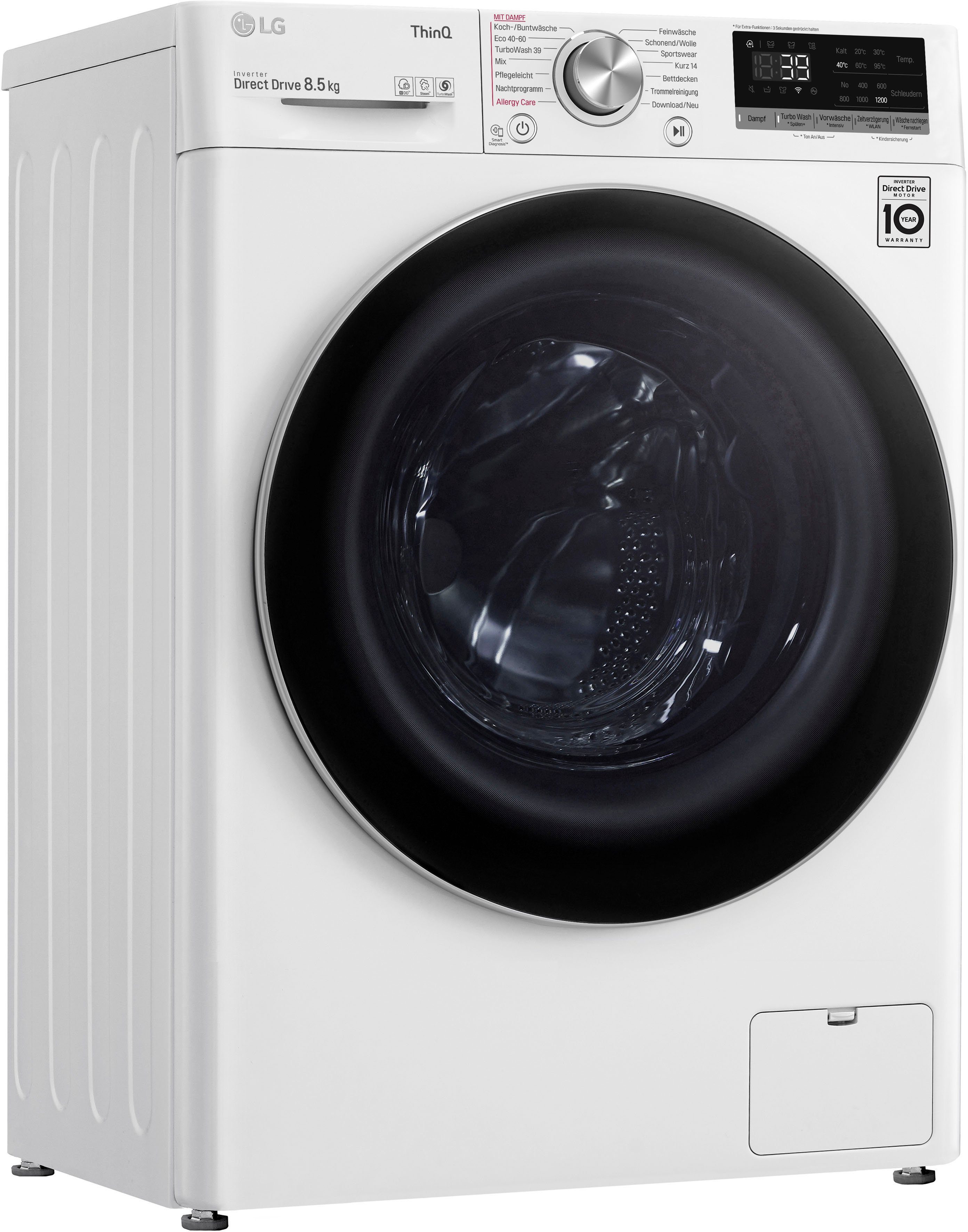 F2V7SLIM8E, Waschmaschine Minuten TurboWash® 1200 in nur 8,5 Waschen 39 - U/min, LG kg,