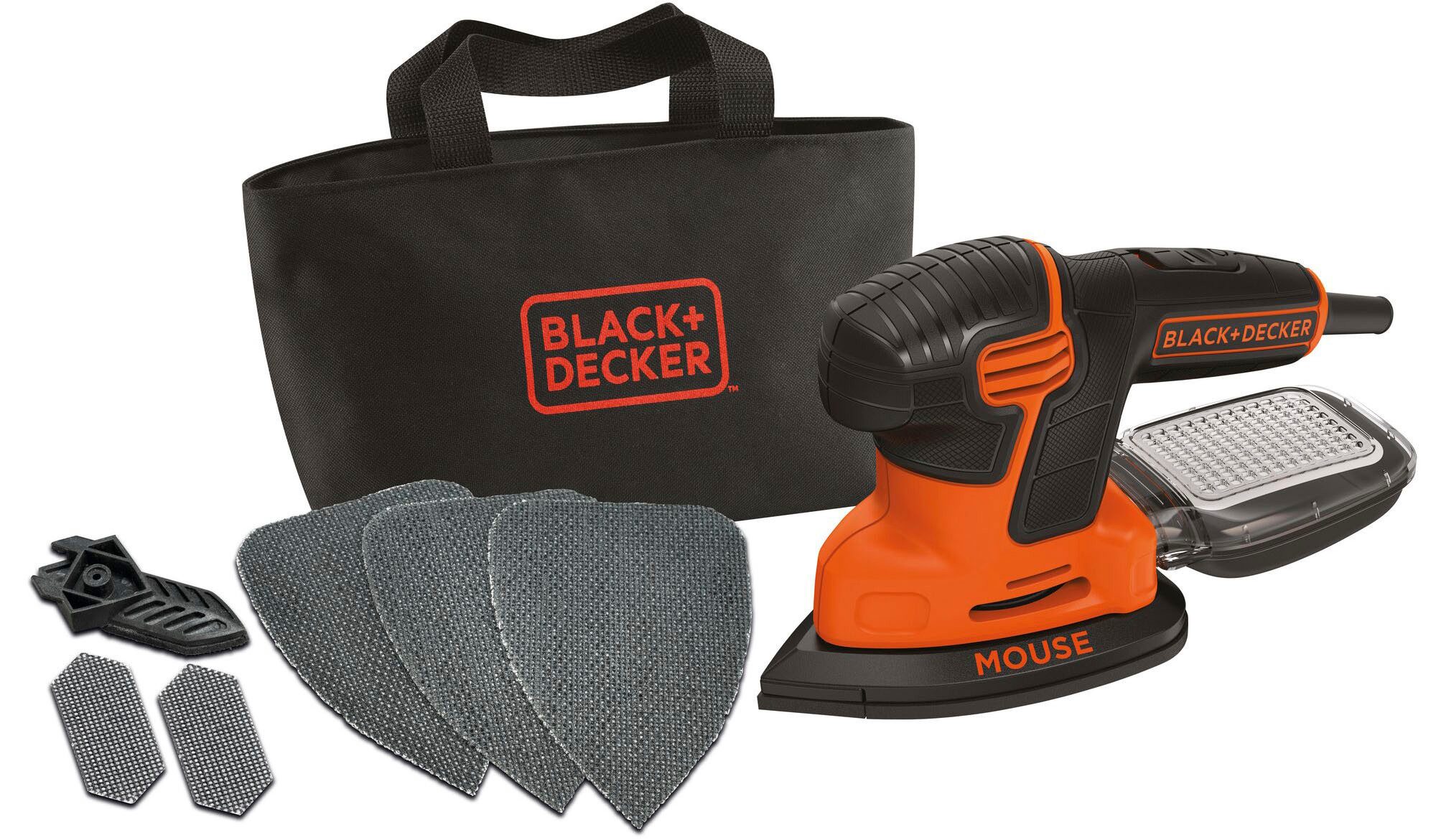 Black + Decker Deltaschleifer 120W Kompakt-Dreieckschleifer Mouse, mit Fingerschleiferaufsatz und 3 x Schleifgitter