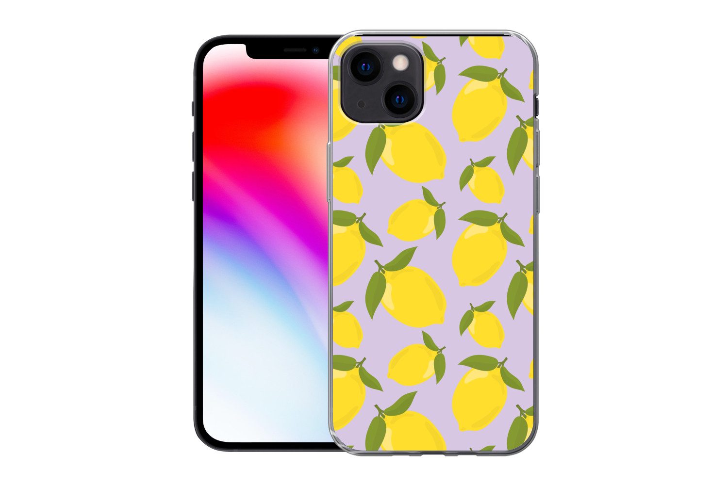 MuchoWow Handyhülle für Apple iPhone 13 Muster Zitronen - Gelb - Lila - Muster - Früchte, Smartphone-Bumper, Print, Handy Schutzhülle Dünn
