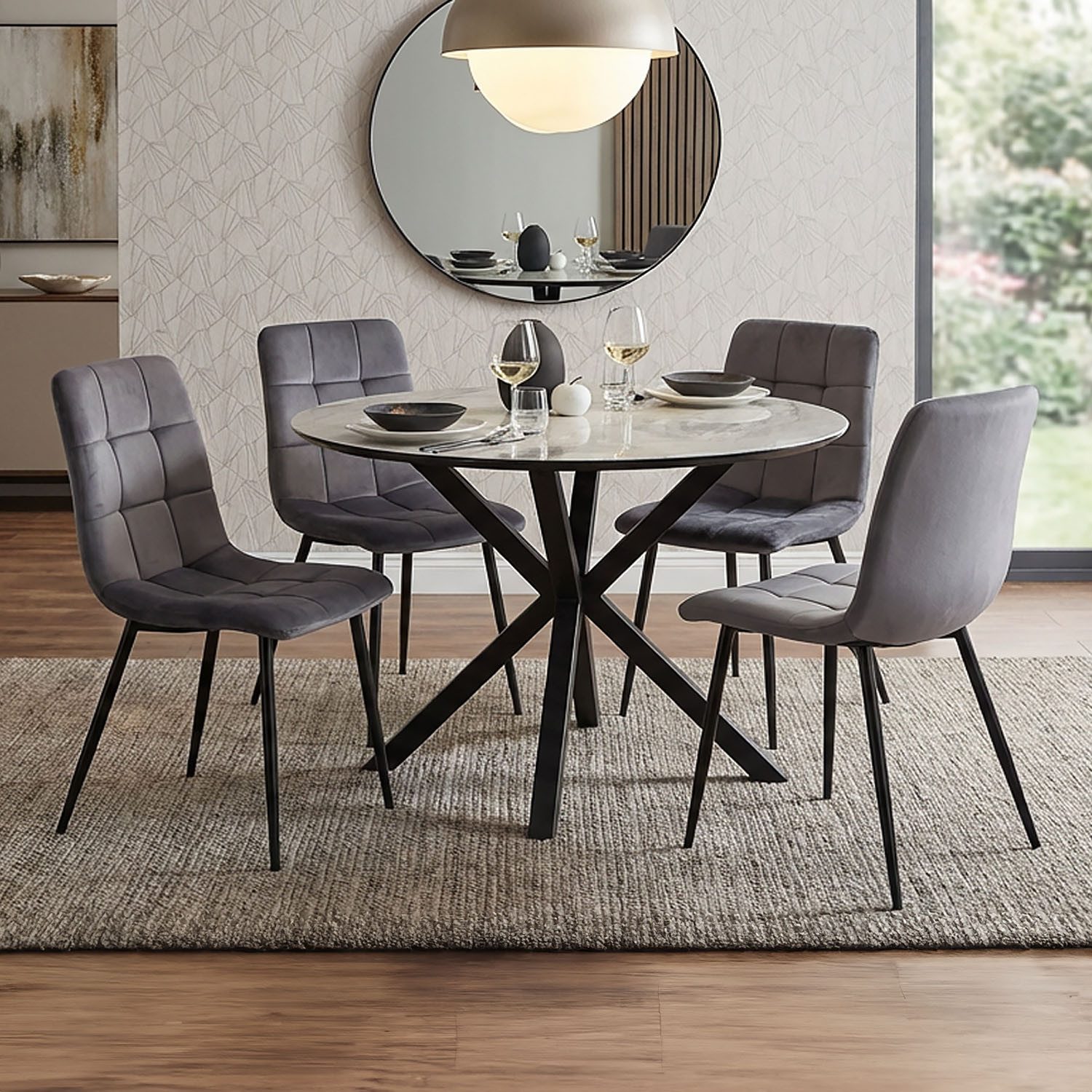 Homestyle4u Essgruppe rund Esstisch mit 2 Stühle 4 Stühle Ø110 Samt Grau Metallgestell Stein, (5-tlg), 5-teilig, kratzfest, spritzwasserfest, Tisch mit Essstuhl – Bild 5 von 5