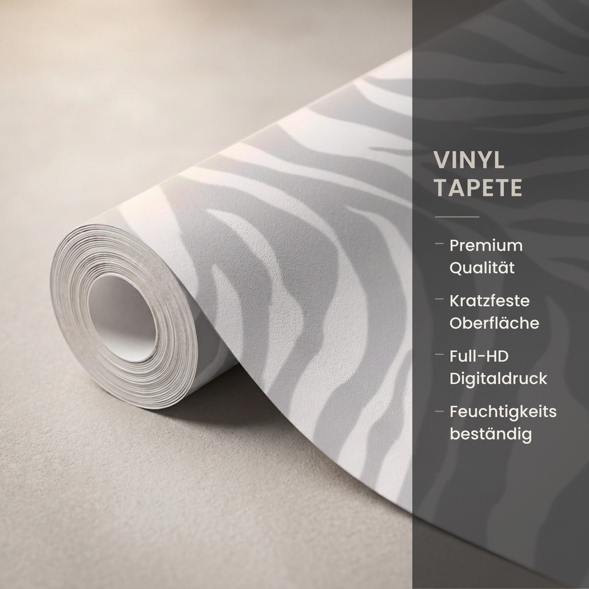 OnlyWow Fototapete Zebra - Motiv - Grau, Matt, bedruckt, Wandtapete, Wohnzimmer, Vinyl Tapete 260x220cm