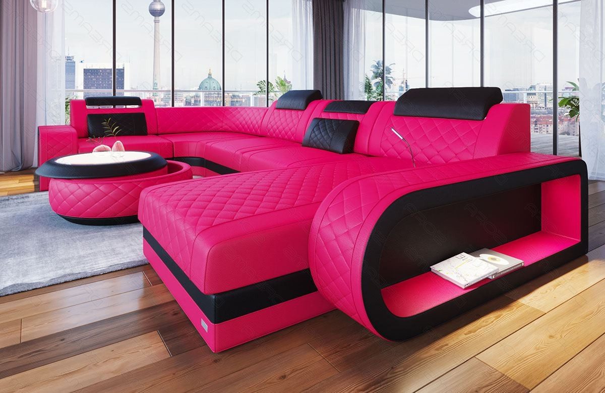 Sofa Dreams Wohnlandschaft Berlin U Form Mini Leder, Designersof, 6-Sitzer, LED-Beleuchtung, Couch, Kopfstützen, USB-Anschluss, Ottomane