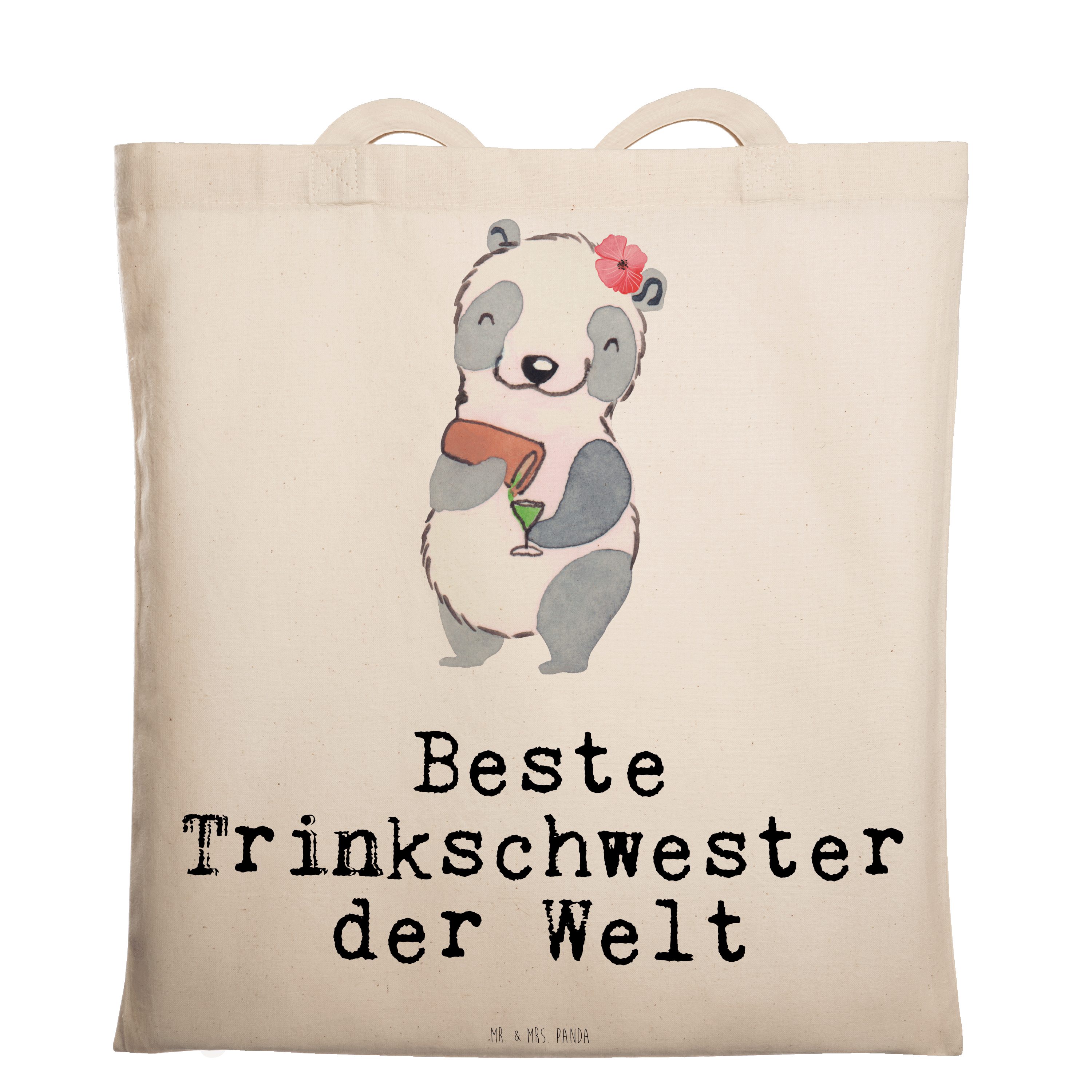 Mr. & Mrs. Panda Tragetasche Panda Beste Trinkschwester der Welt - Transparent - Geschenk, Alkohol (1-tlg) | Canvas-Taschen