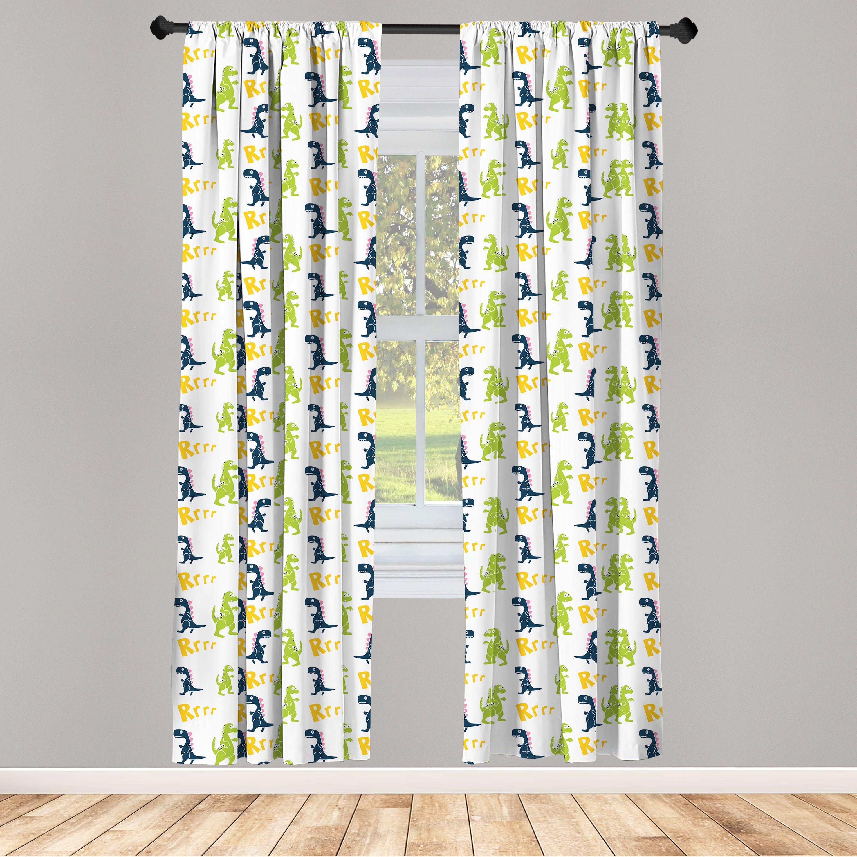 Gardine Vorhang für Wohnzimmer Schlafzimmer Dekor, Abakuhaus, Microfaser, Dinosaurier Glücklicher Cartoon-Dino