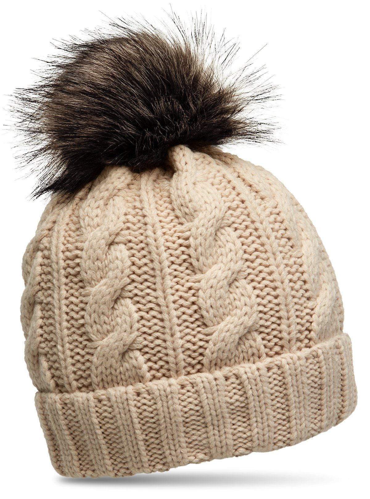 Caspar Bommelmütze MU104 Damen Winter Strickmütze mit Fellbommel beige