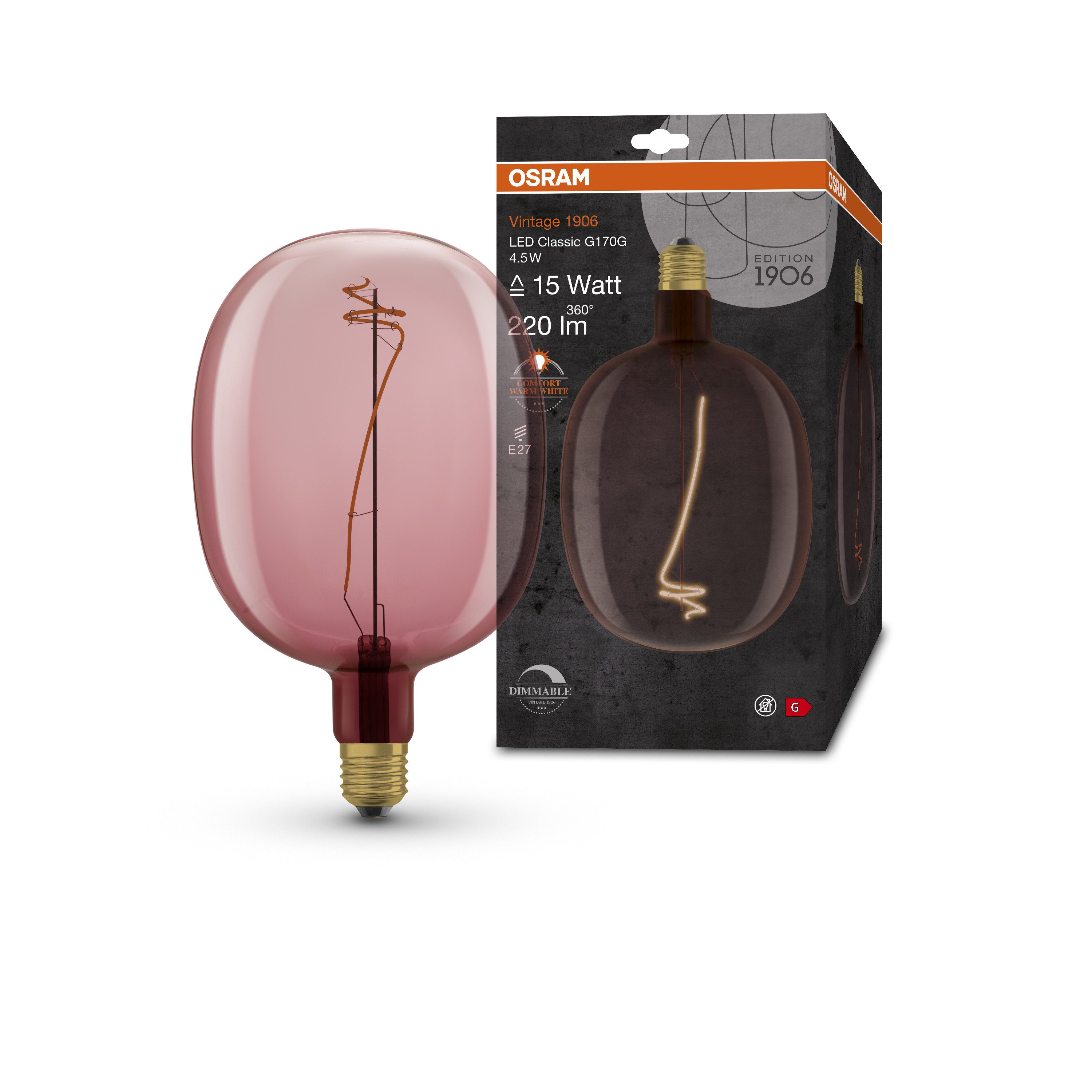 Ledvance LED-Leuchtmittel Vintage 1906 Balon 15 Filament DIM 4.5W 816 Pink E27, E27, 1 St., Komfort warmes Weiß, Geringerer Energieverbrauch als Glüh- oder Halogenlampen
