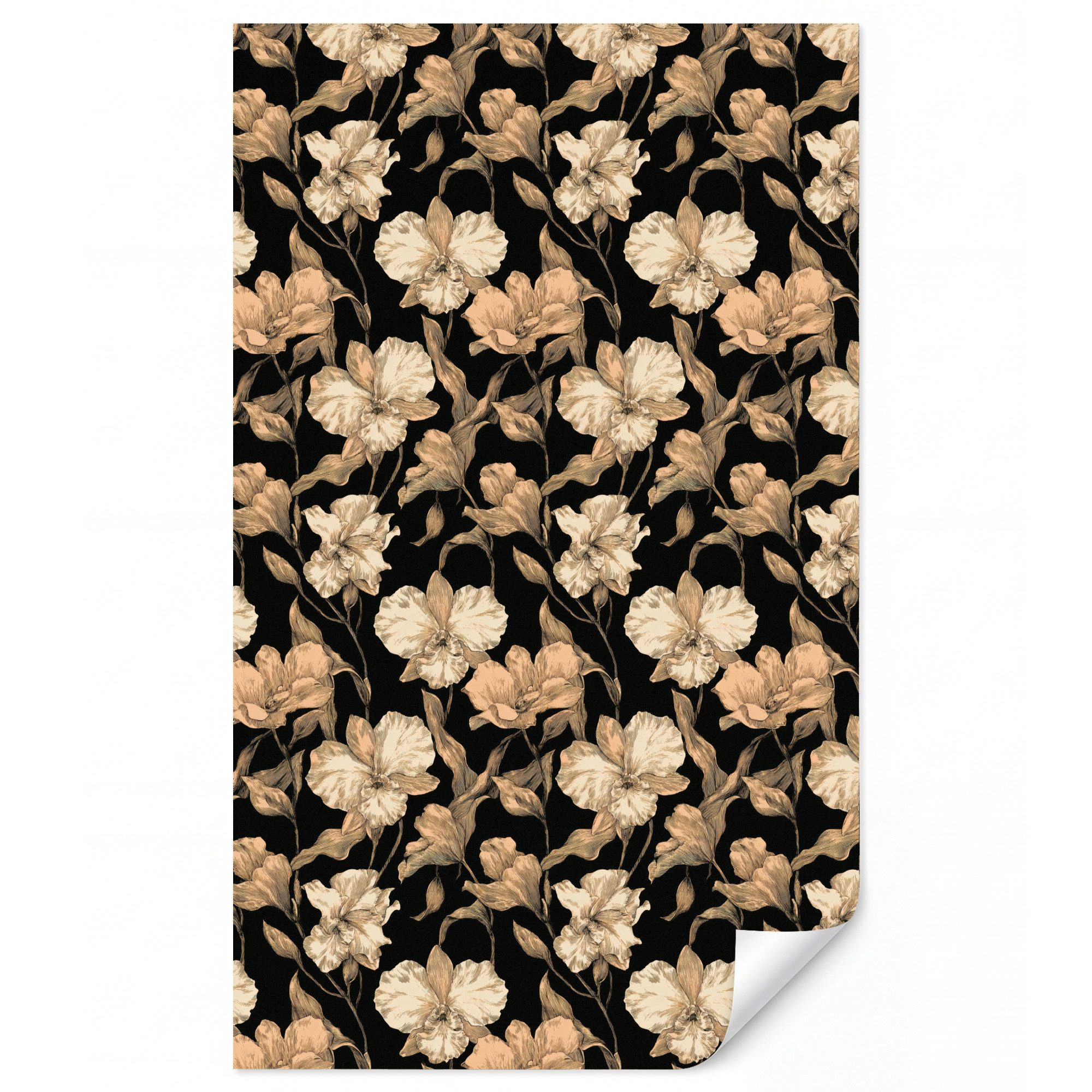 OnlyWow Fototapete Orchideen - Strichzeichnung - Muster - Beige - Schwarz, bedruckt