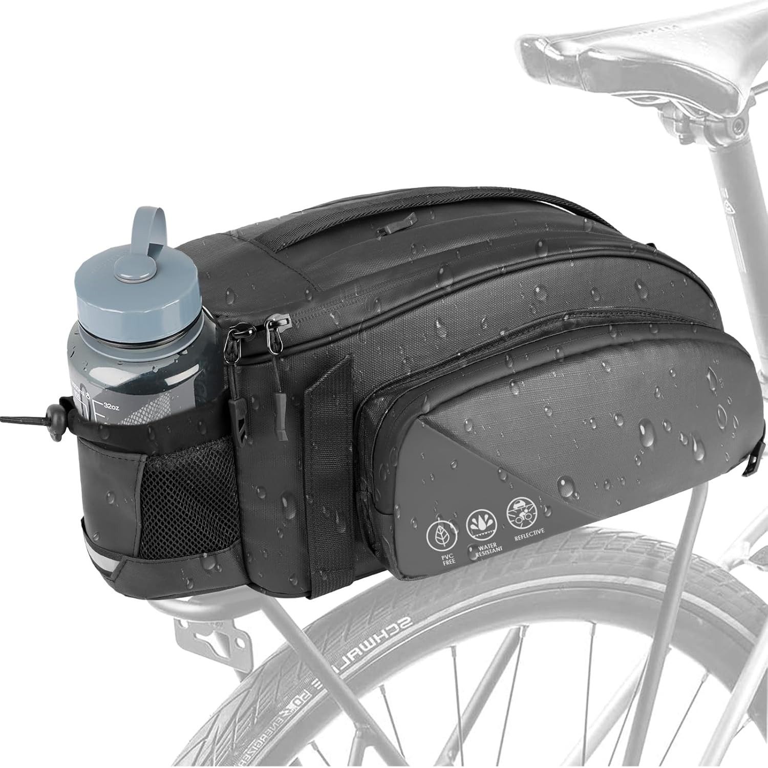 Rhein Beleuchtung Fahrradtasche 11L Fahrrad-Gepäckträgertasche wasserdicht & reflektierend (Mit Flaschenfach & Reißverschlusstasche – ideal für Alltag & Touren), 3-in-1 Design: Gepäckträger-, Schulter- & Handtasche in einem
