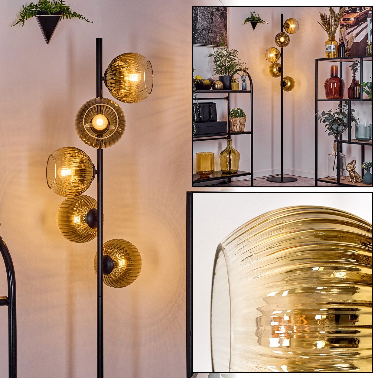 hofstein Stehlampe Stehlampe aus Metall/Glas in Schwarz/Gold/Klar, Retro/Vintage-Design, ohne Leuchtmittel, moderne Stehleuchte, Ø Schirme 15 cm, Fußschalter, 160 cm, E14