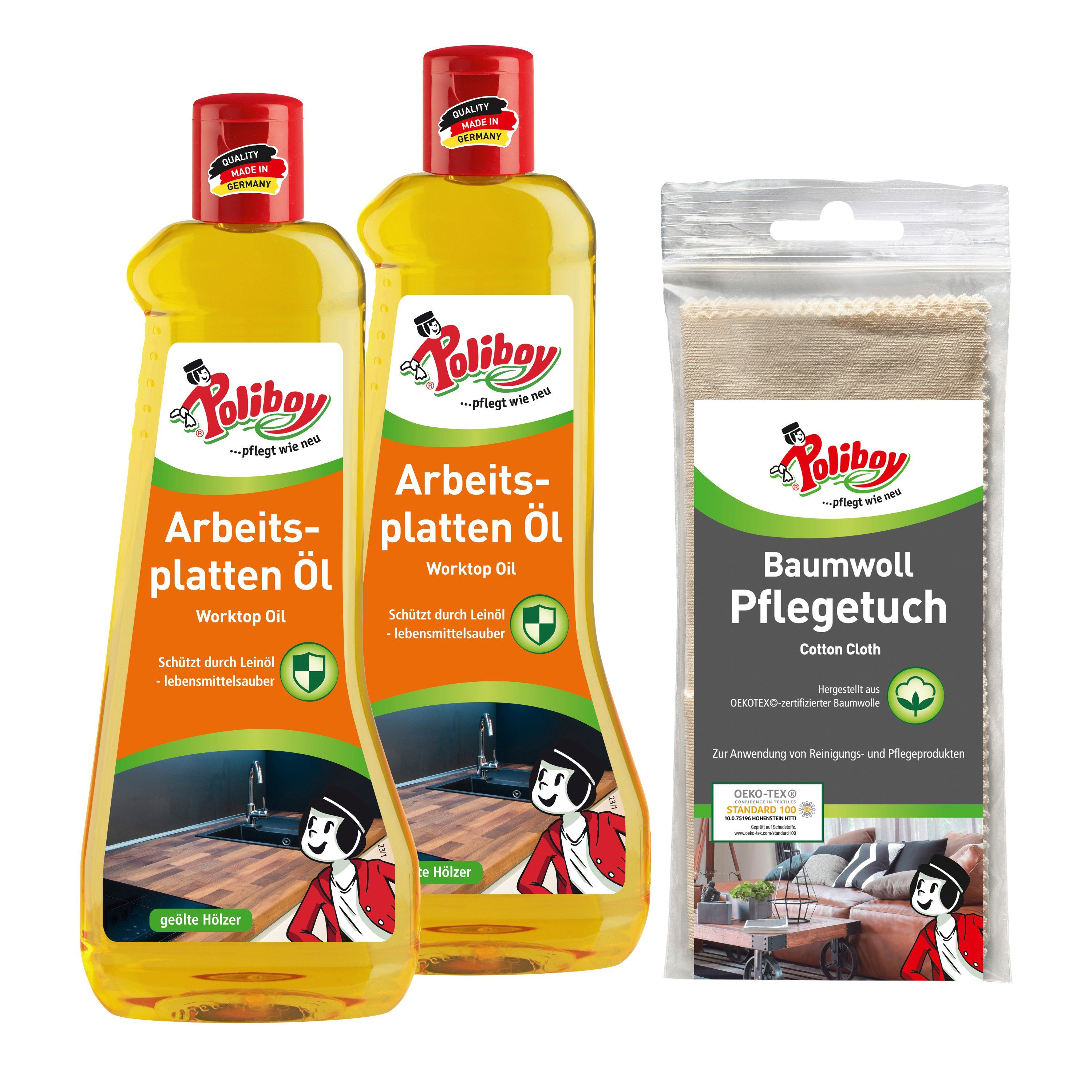 poliboy 99A0701, 2er Arbeitsplatten Öl mit Baumwolltuch Holzreiniger (für unbehandelte und geölte Hölzer - Made in Germany)