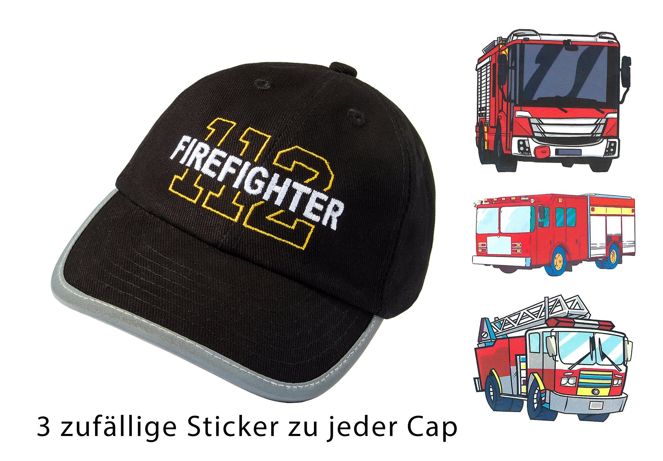 Feuerwehrauto Baddery 3 Sticker), Baseball Reflektoren Einheitsgröße, Firefighter One Size Stick, Schwarz Cap Kinder - Kappe (inkl. Klett-Verschluss