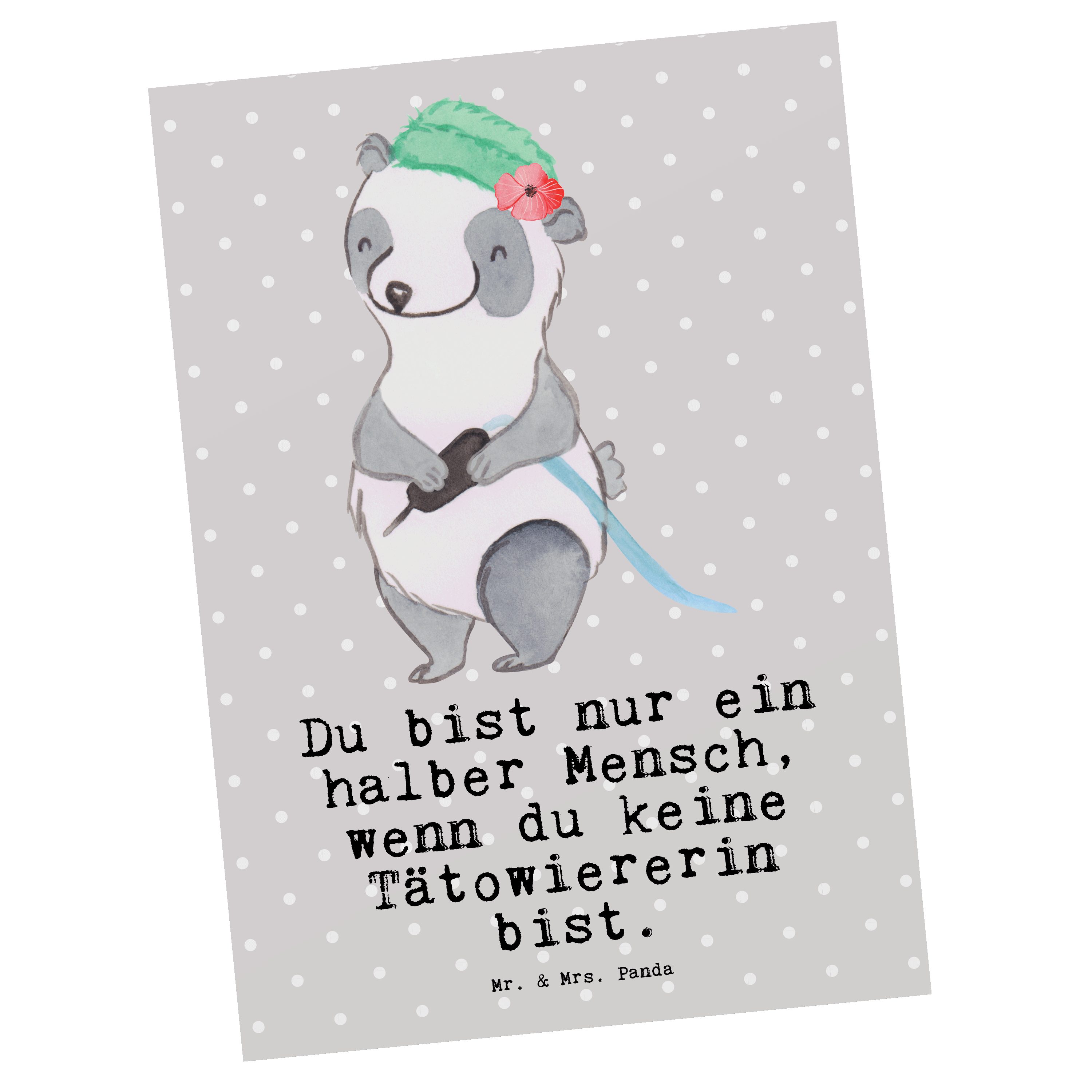 Mr. & Mrs. Panda Postkarte Tätowiererin mit Herz - Grau Pastell - Geschenk, Mitarbeiter, Geschen