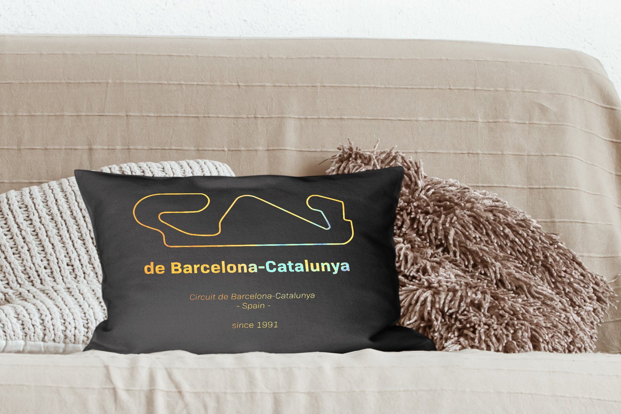 mit Wohzimmer F1 Schlafzimmer Dekoration, Dekokissen Rennstrecke - Dekokissen Barcelona, MuchoWow Füllung, Zierkissen, -