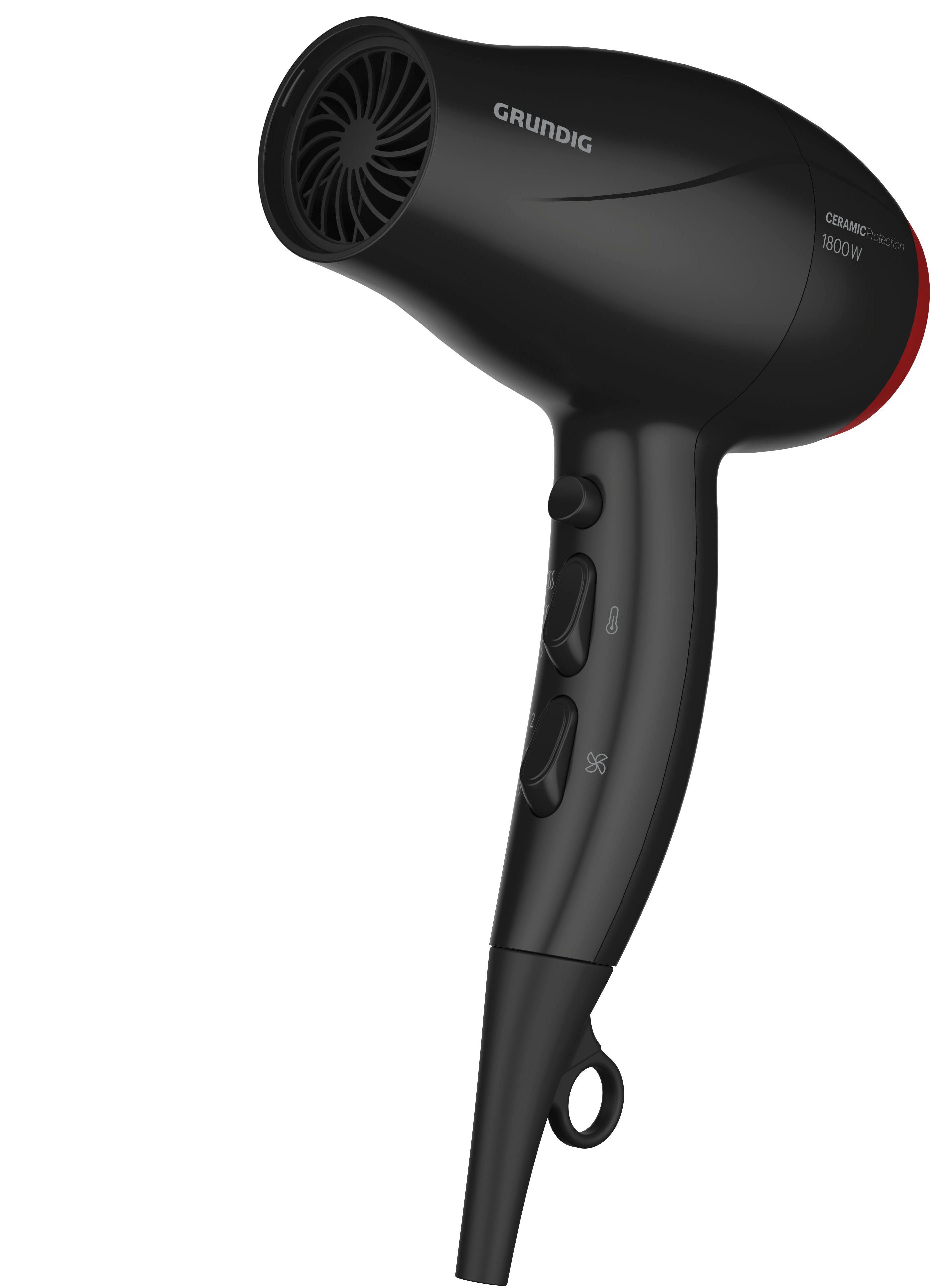 Grundig Haartrockner HD 3700 B, 1800 W, 1800W Haartrockner mit Keramikschutz & präziser Stylingdüse rot|schwarz