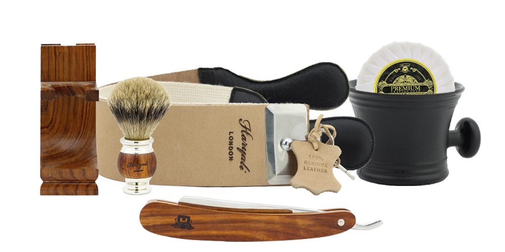 Haryali London Rasierset 6-teiliges Barber Cut Бритвыset mit Silvertip-Synthetikhaarbürste, 6-tlg., Streichriemen aus Leder, Бритва, Rasierseife, Schale, Ständer, aus hochwertigem Palisanderholz im Vintage-Look