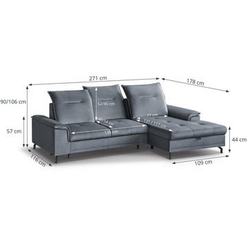 Beautysofa Ecksofa Bruno mini, moderne Ecke mit verstellbaren Kopfstützen, Sitztiefenverstellung, aus velours, kleine Corner Schlafsofa mit Bettkasten