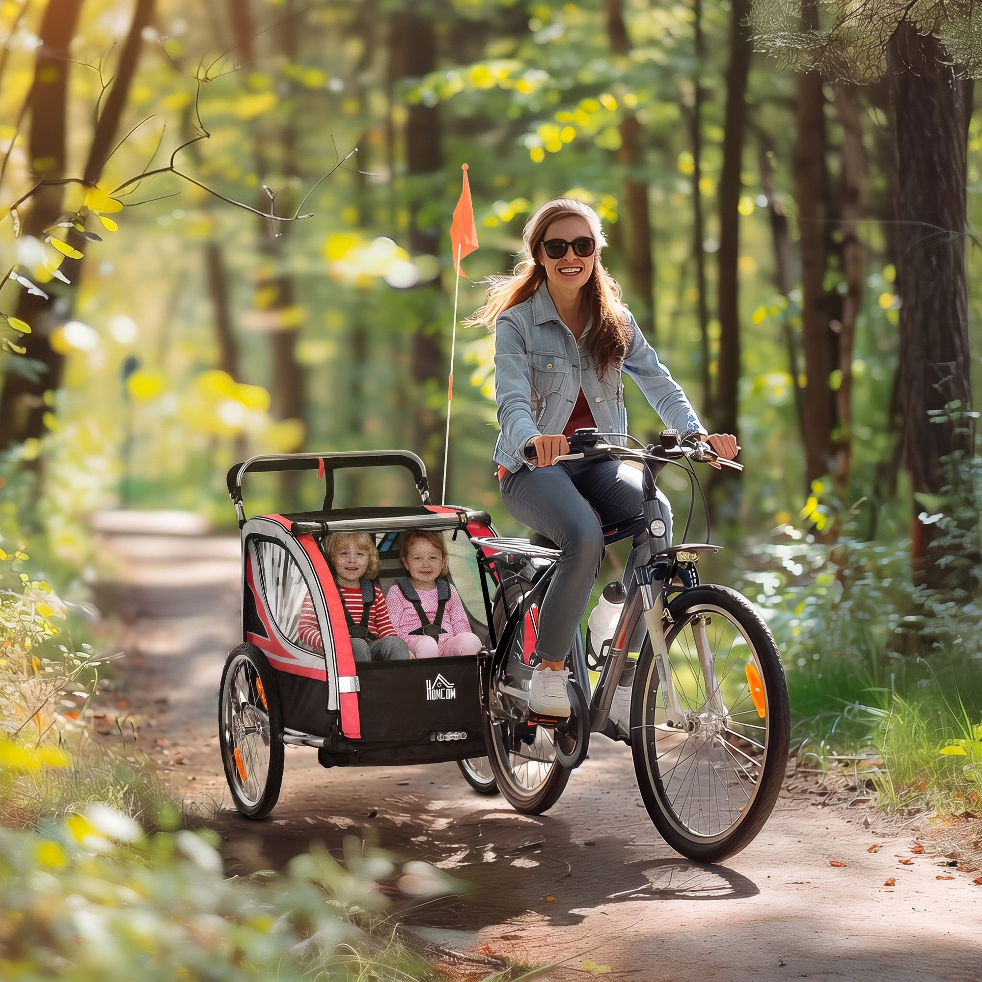 HOMCOM Fahrradkinderanhänger Kinderanhänger, Fahrradanhänger für 2 Kinder, rot, 2-in-1 Kinderanhänger