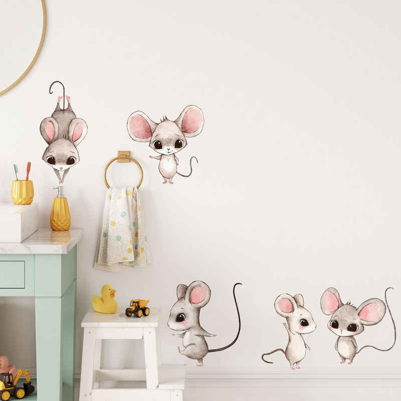 Sunnywall Wandtattoo Kleine Maus, Aufkleber Set Maus, Pilze, Wandaufkleber Kinderzimmer