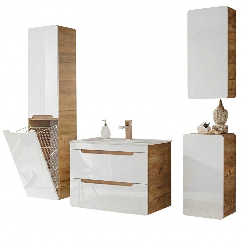 Lomadox Badmöbel-Set LUTON-56, (Spar-Set, 5-St., Hängeschrank Hochschrank Spiegelschrank Unterschrank Waschtisch), Hochglanz weiß mit Wotan Eiche, Waschtisch 80 cm