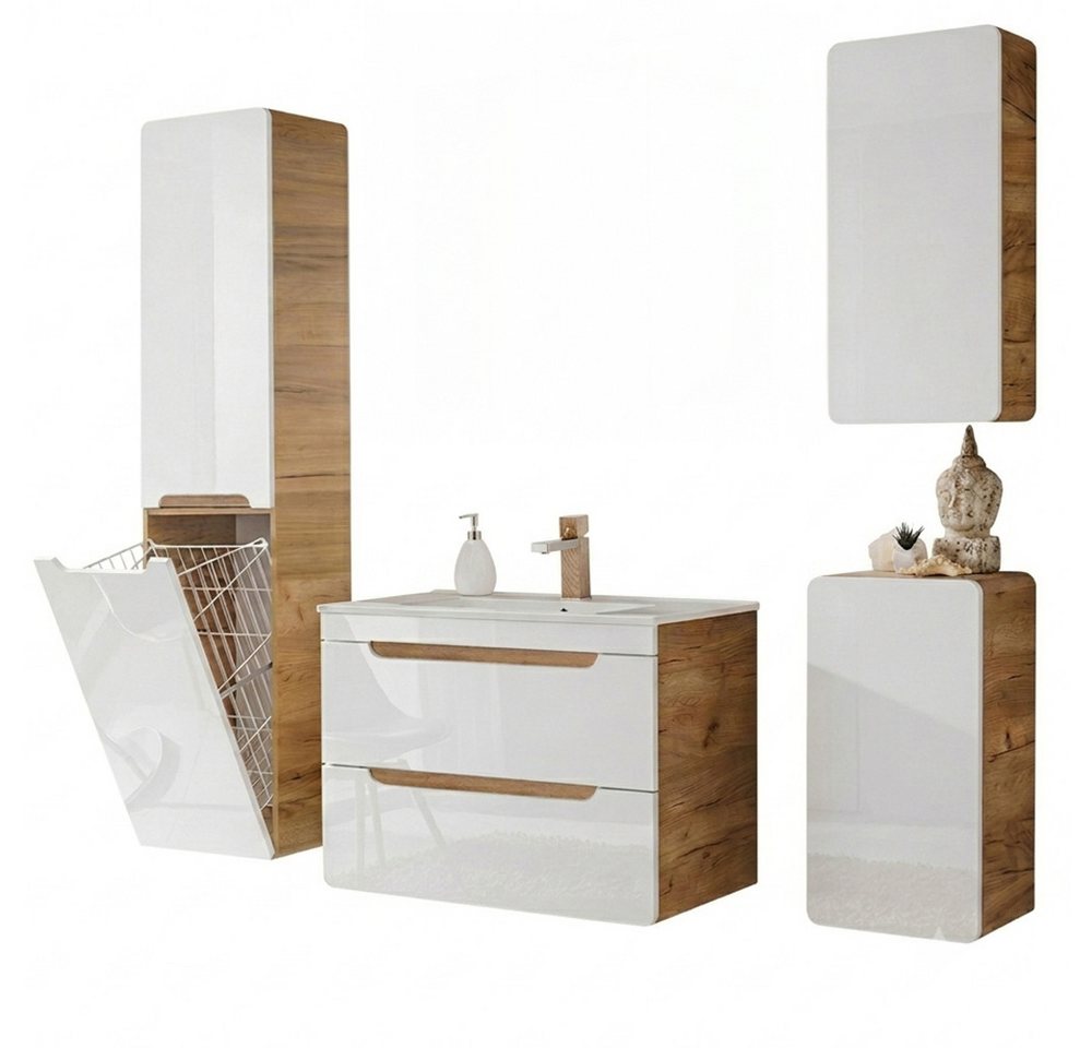 Lomadox Badmöbel-Set LUTON-56, (Spar-Set, 5-St., Hängeschrank Hochschrank Spiegelschrank Unterschrank Waschtisch), Hochglanz weiß mit Wotan Eiche, Waschtisch 80 cm