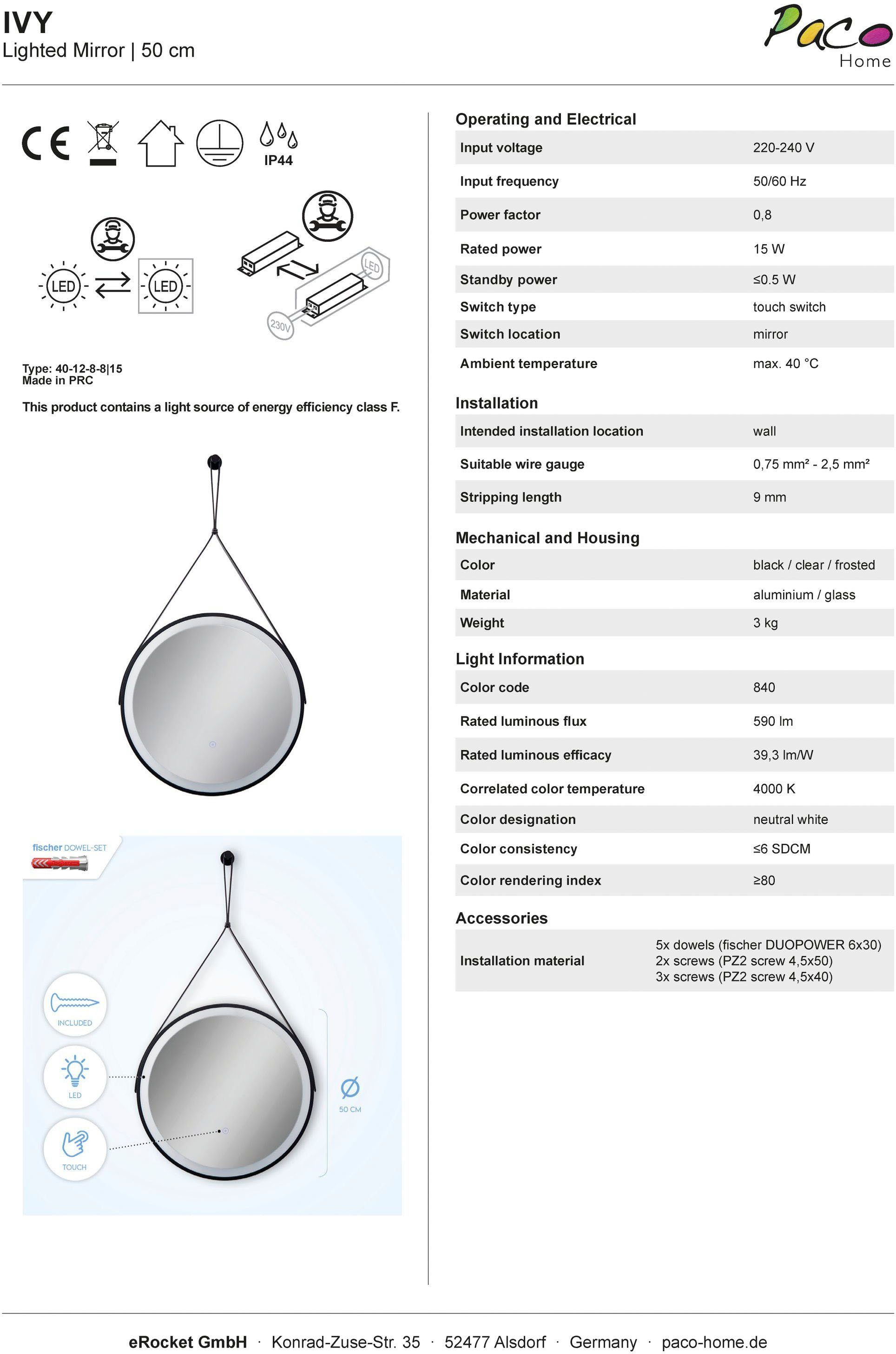 Rund Touch IVY, integriert, LED fest Neutralweiß, IP44 Backlight LED Wandleuchte 50cm Home Paco Kunstleder-Aufhängung