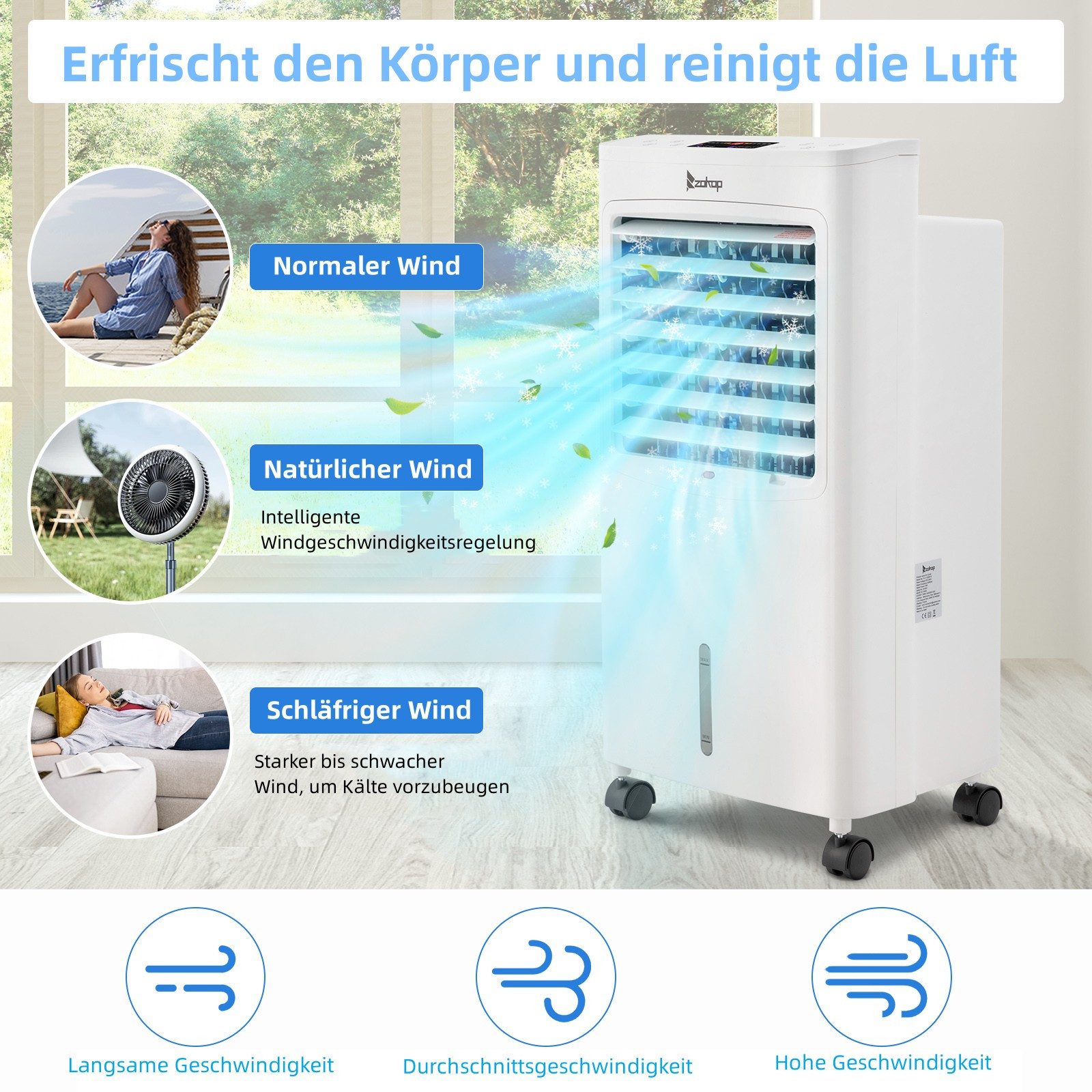 LALAHO Kombigerät Luftreiniger, Ventilator und Heizlüfter Luftkühler, 220V, 75W, 8L-Wassertank, Fernbedienung & LCD-Display