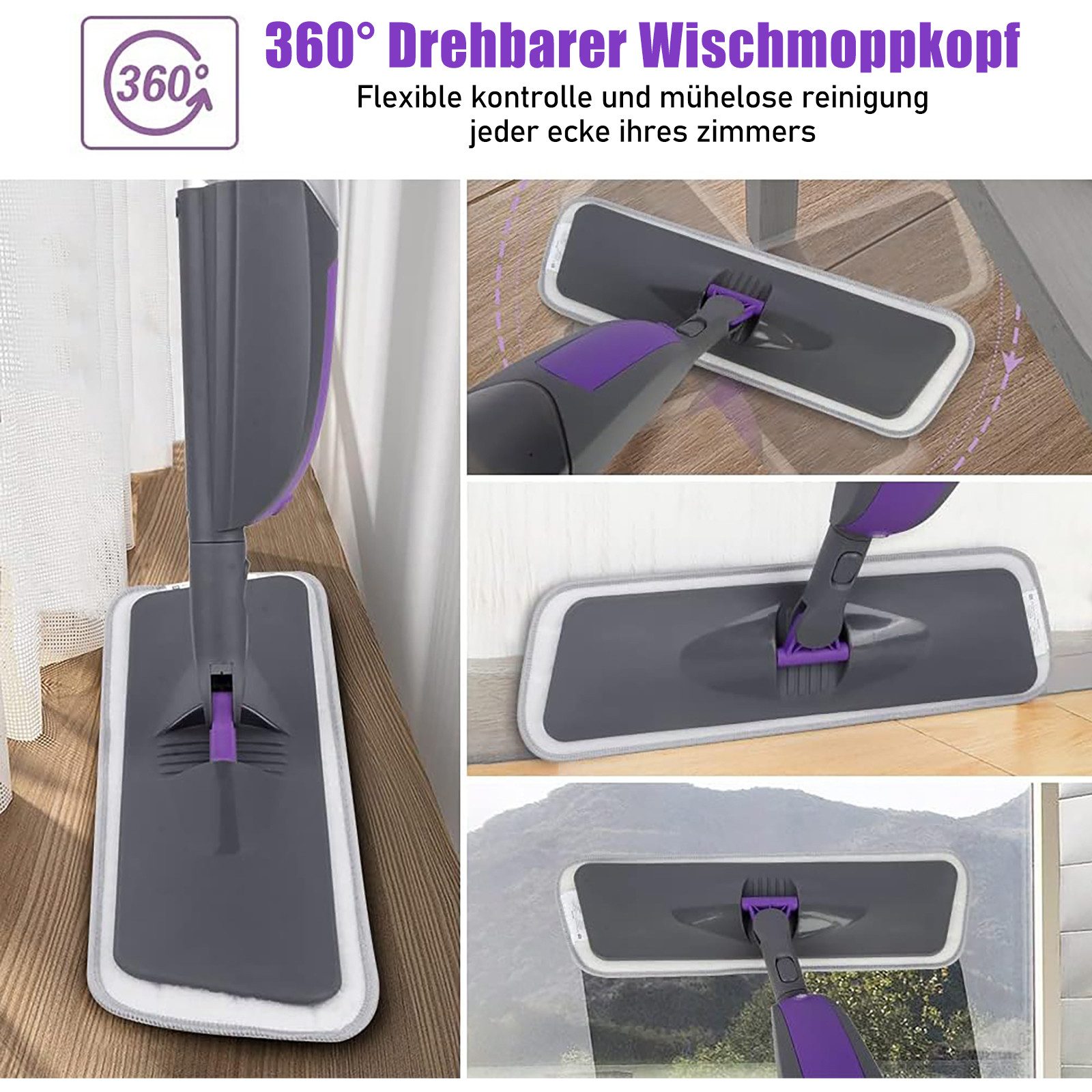 HUGERSTONE Sprühwischer Wischmopp mit 550ml Wassertank, Bodenwischer mit Sprühfunktion, Grau (360 Grad Rotierender Wischmopp für alle Böden) Nass und Trockenwischer mit 3 Waschbaren Mikrofaser Pads