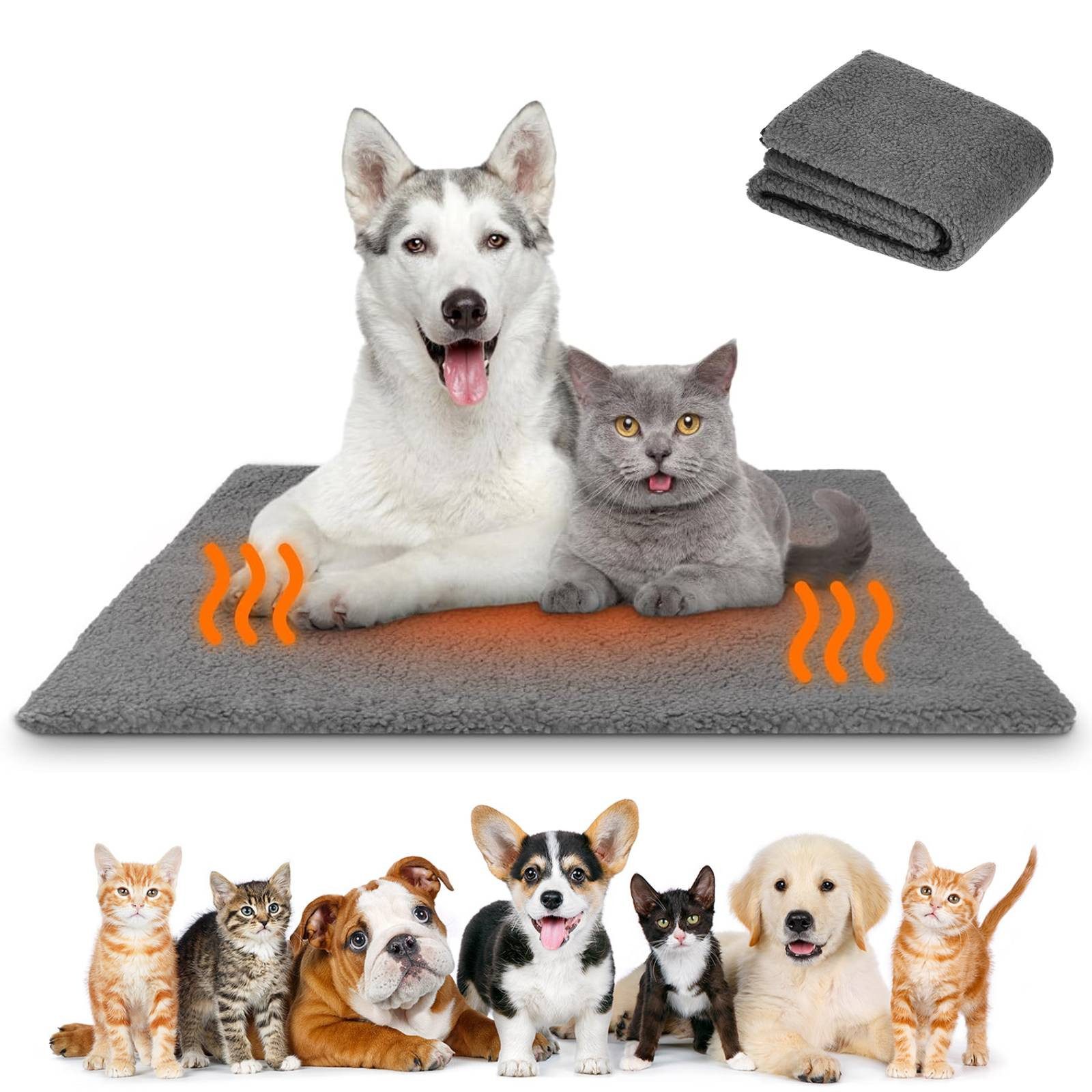 BlingBin Hundematte Wärmematte Heizdecke Katzenbett, Katzendecke Selbstheizende, Lammwollstoff, Ohne Strom Heizdecke Flauschig Waschbar, Selbstwärmend Geräuschlos Thermodecke für Katzen Hunde, Grau