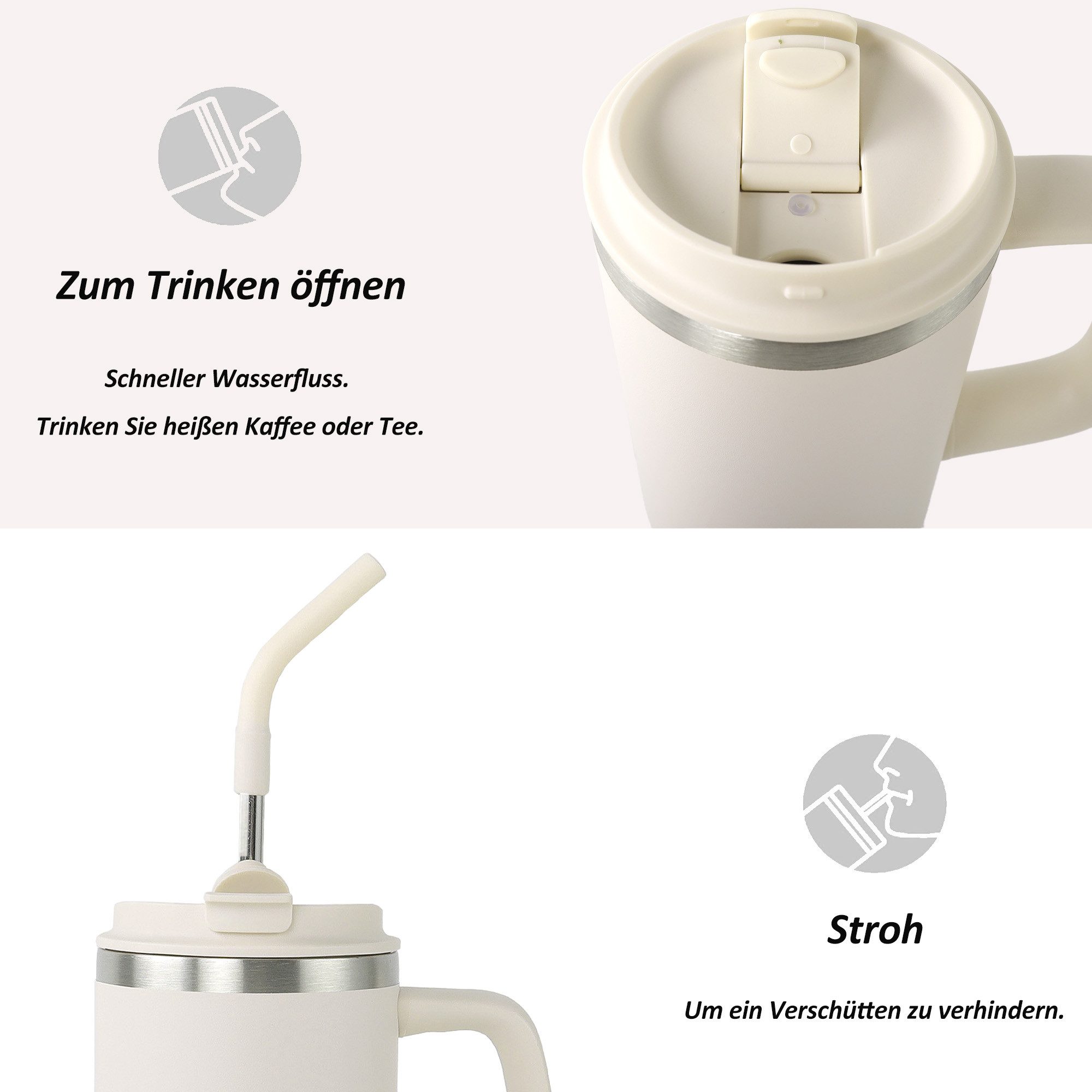 CALIYO Thermobecher Edelstahl Autobecher BPA frei mit Strohhalm und Deckel 1.2L, Spülmaschinenfest Langanhaltend kühl / warm für Sport, Reisen – Bild 4 von 5