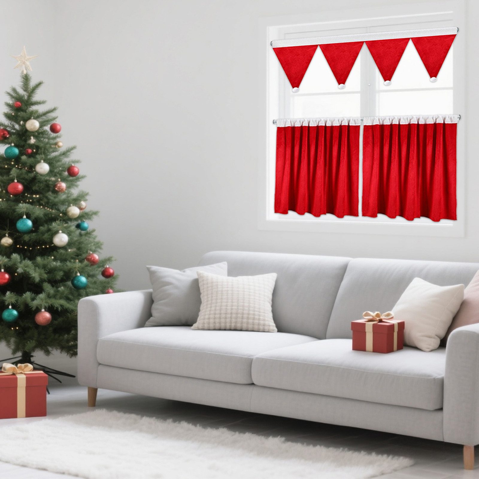 Jibenhome Scheibengardine Weihnachtsvorhänge 3er-Set Kurzvorhang mit Pompom Gardinenstange, Rot