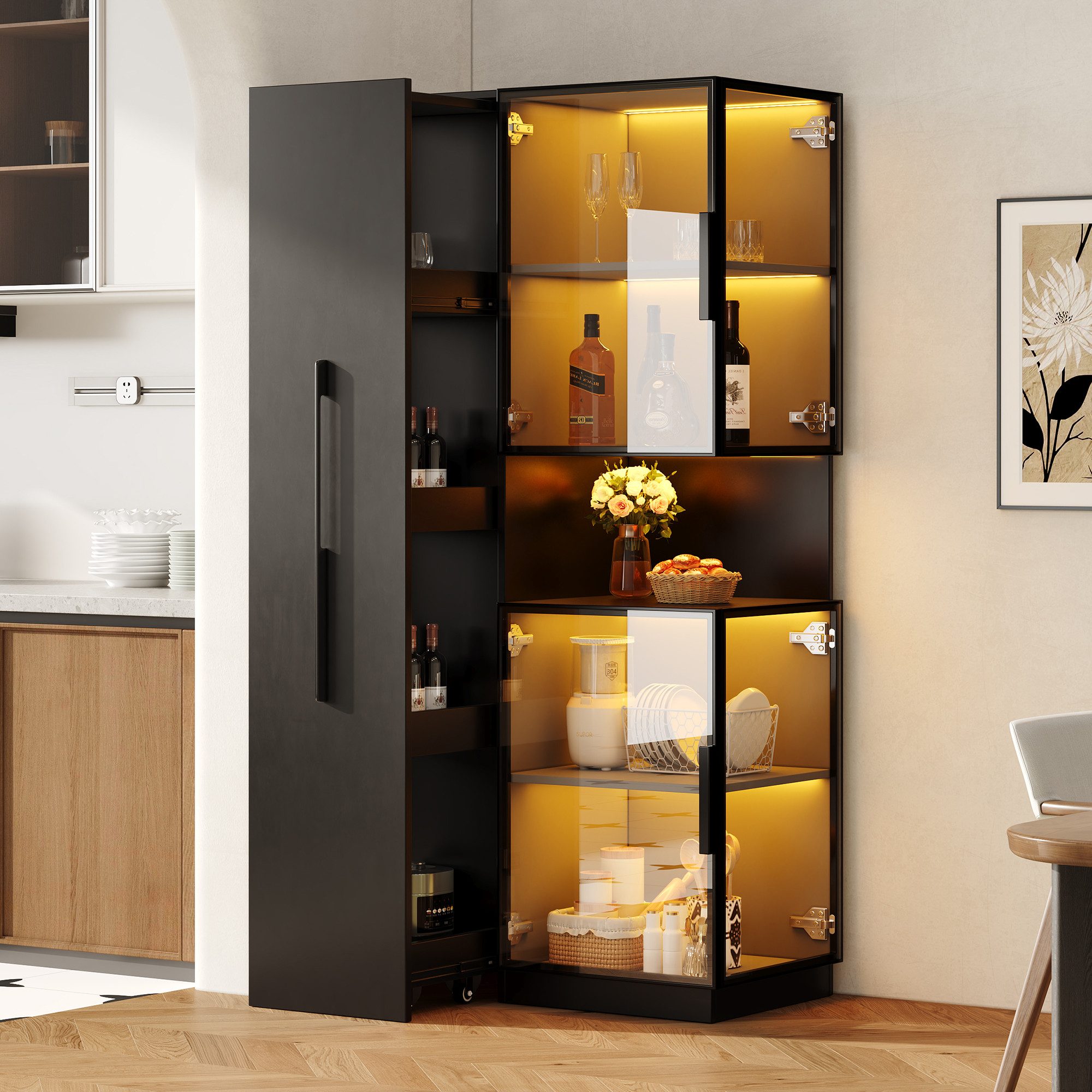 Flieks Glasvitrine Eckschrank Hochschrank mit LED-Beleuchtung, Ausziehregal, Glastüren (1-St., 70×38×160 cm) multifunktionaler Mehrzweckschrank Standvitrine Eckvitrine Schwarz