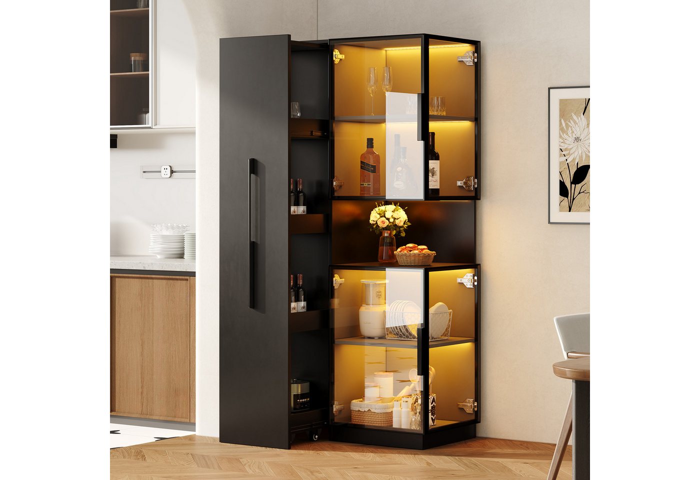 Flieks Glasvitrine Eckschrank Hochschrank mit LED-Beleuchtung, Ausziehregal, Glastüren (1-St., 70×38×160 cm) multifunktionaler Mehrzweckschrank Standvitrine Eckvitrine Schwarz