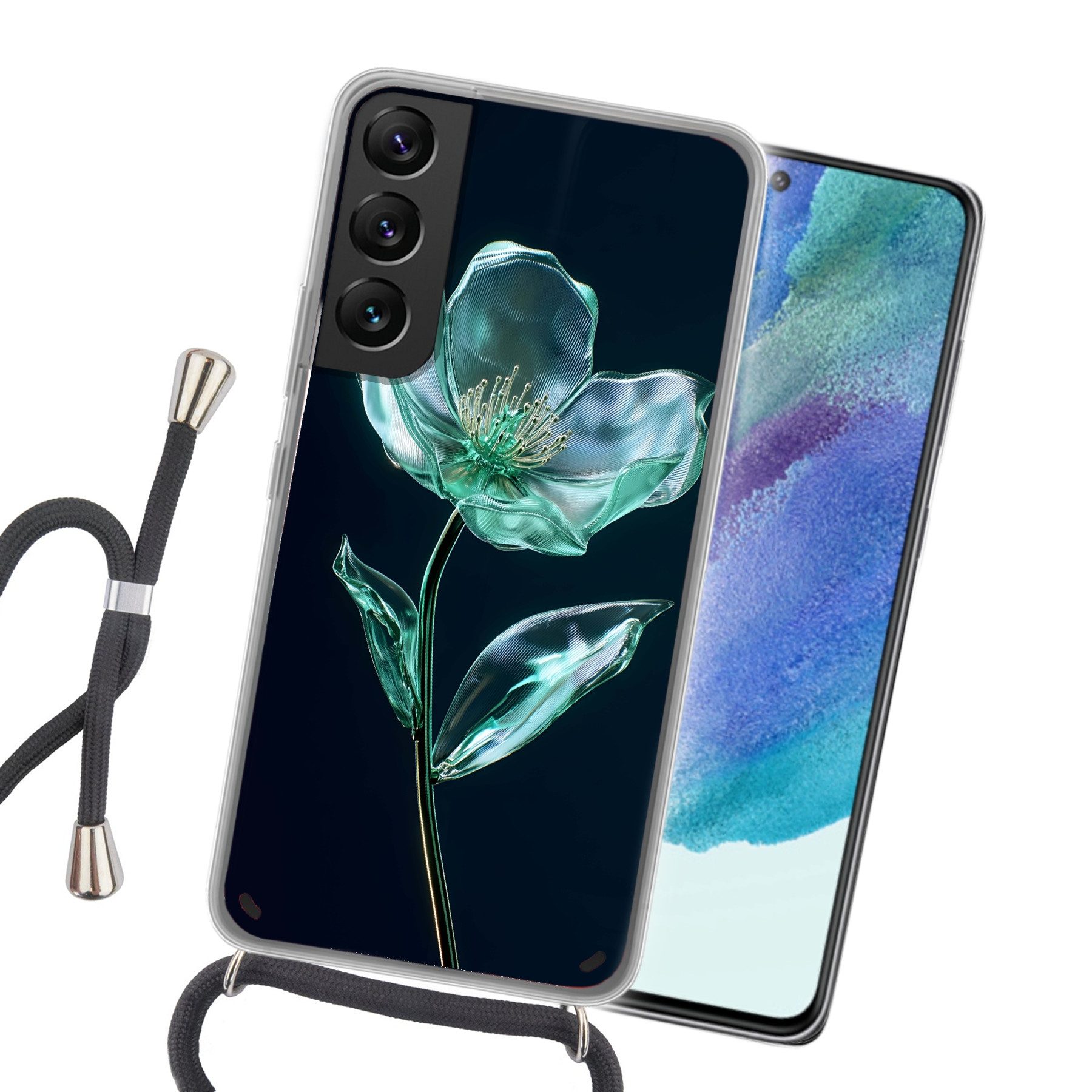 MuchoWow Handyhülle für Samsung Galaxy S22 Blätter - Blume - Gläser - Dunkelblau, Tragbare Handyhüllen mit Kette zum umhängen, Handykette Handyband