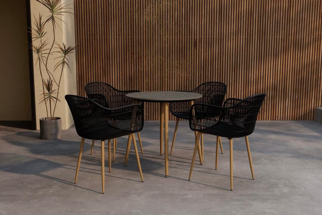 Venture Home Garten-Essgruppe Anafi Gartenset Tisch 80x80cm 4 Stühle schwarz., (5-tlg)