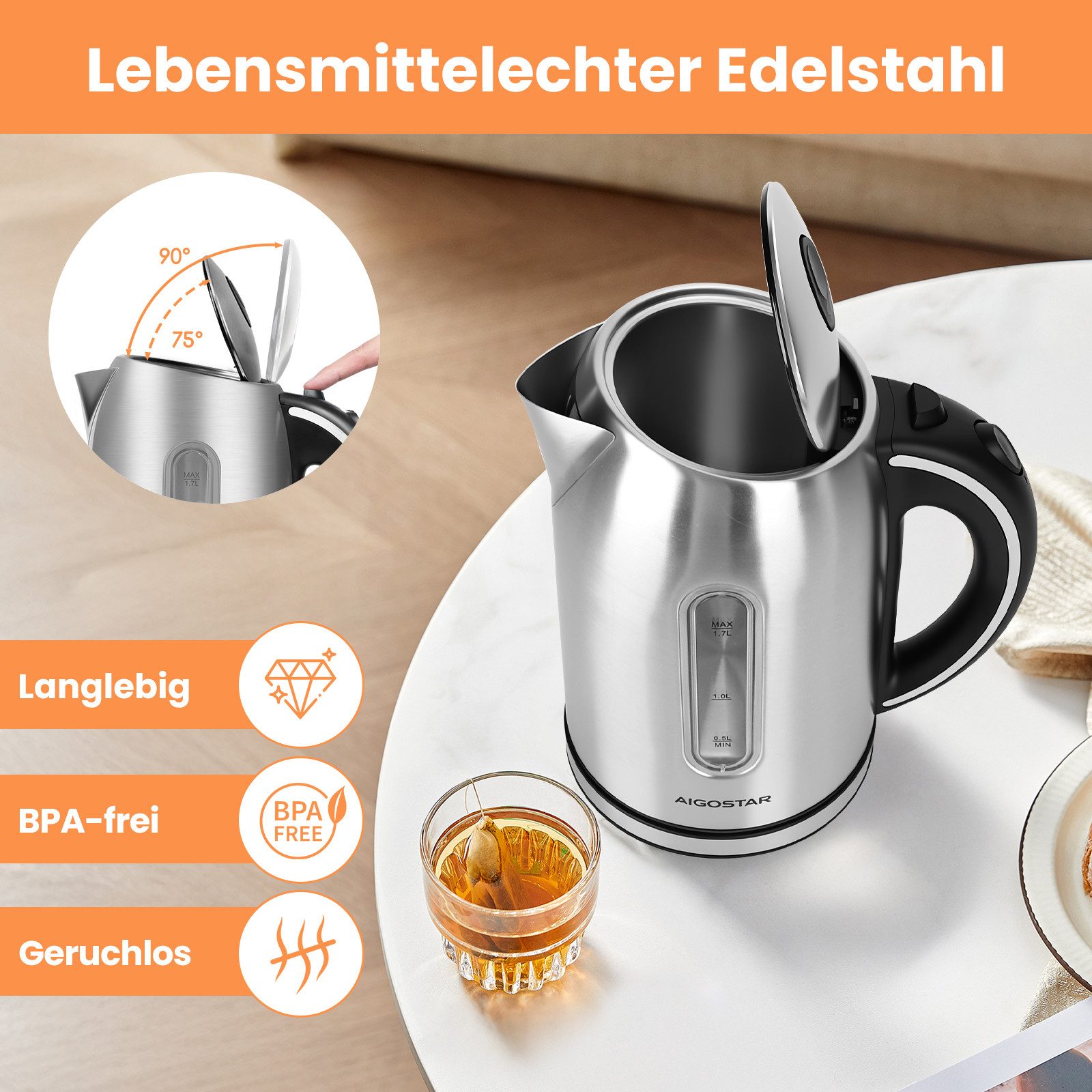 Aigostar Wasserkocher Edelstahl Wasserkocher 1,7L, 2200W, mit Kalkfilter, LED Beleuchtung, 1.7 l, 2200,00 W, Mit Wasserstandsanzeige, Schnelles Kochen, Abschaltautomatik, BPA frei