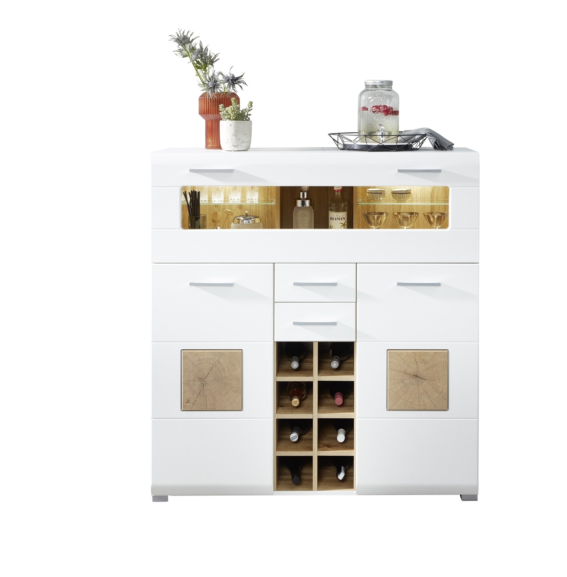 Barschrank in weiss matt / Eiche Dekor - 120x129x37 (BxHxT)