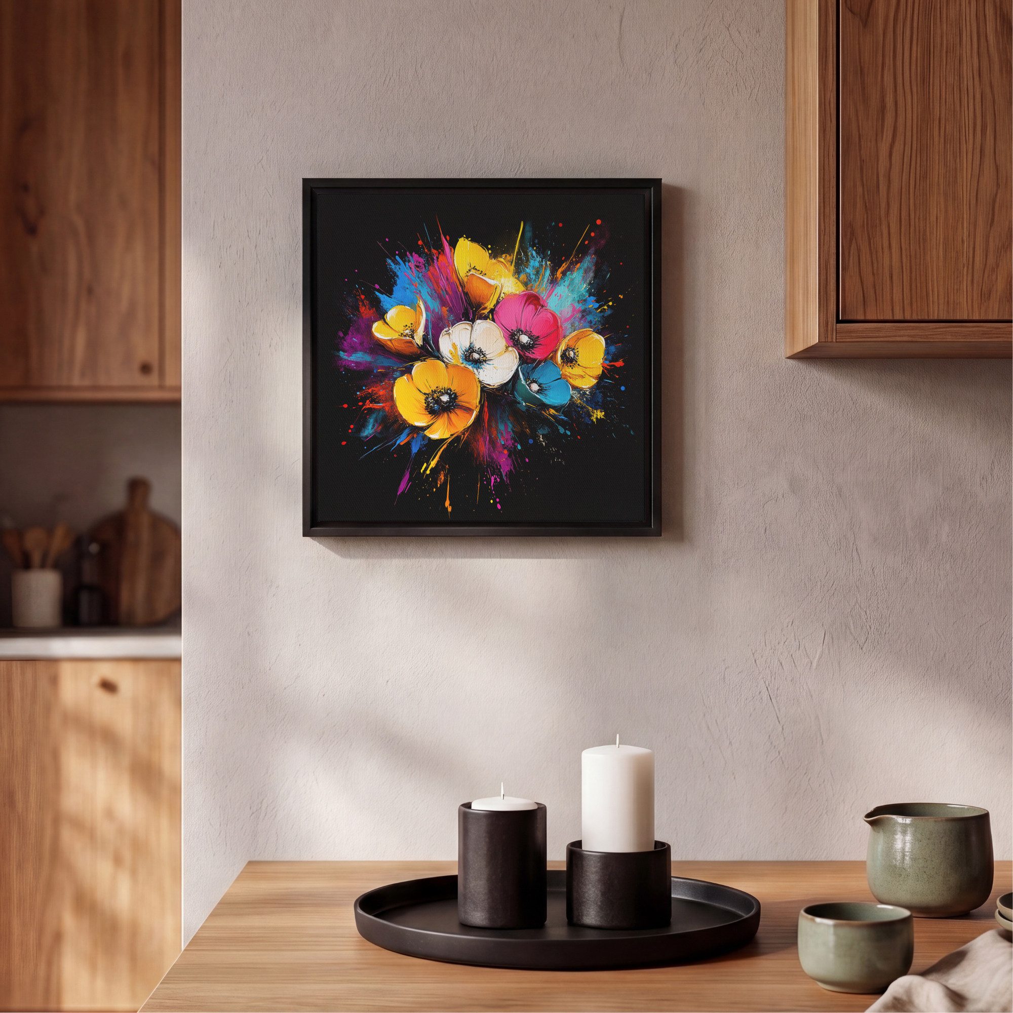 OneMillionCanvasses® Leinwandbild mit Rahmen - Blumen - Bunt - Graffiti - Modern - Blumenstrauß, Fotodruck (1 St), Leinwand Bilder Klein, Wand Dekoration Aesthetic 20x20cm