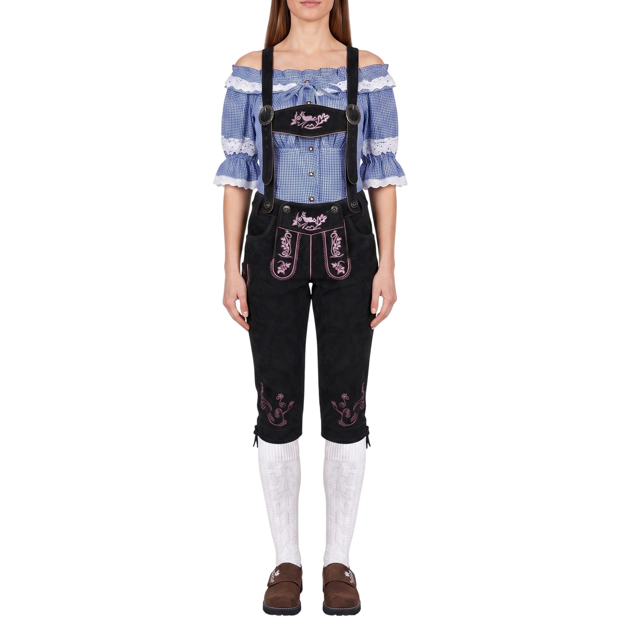 German Wear Trachtenlederhose GW1400 Damen Lederhose Trachtenhose Ziegenleder Kniebundhose mit Hosenträgern
