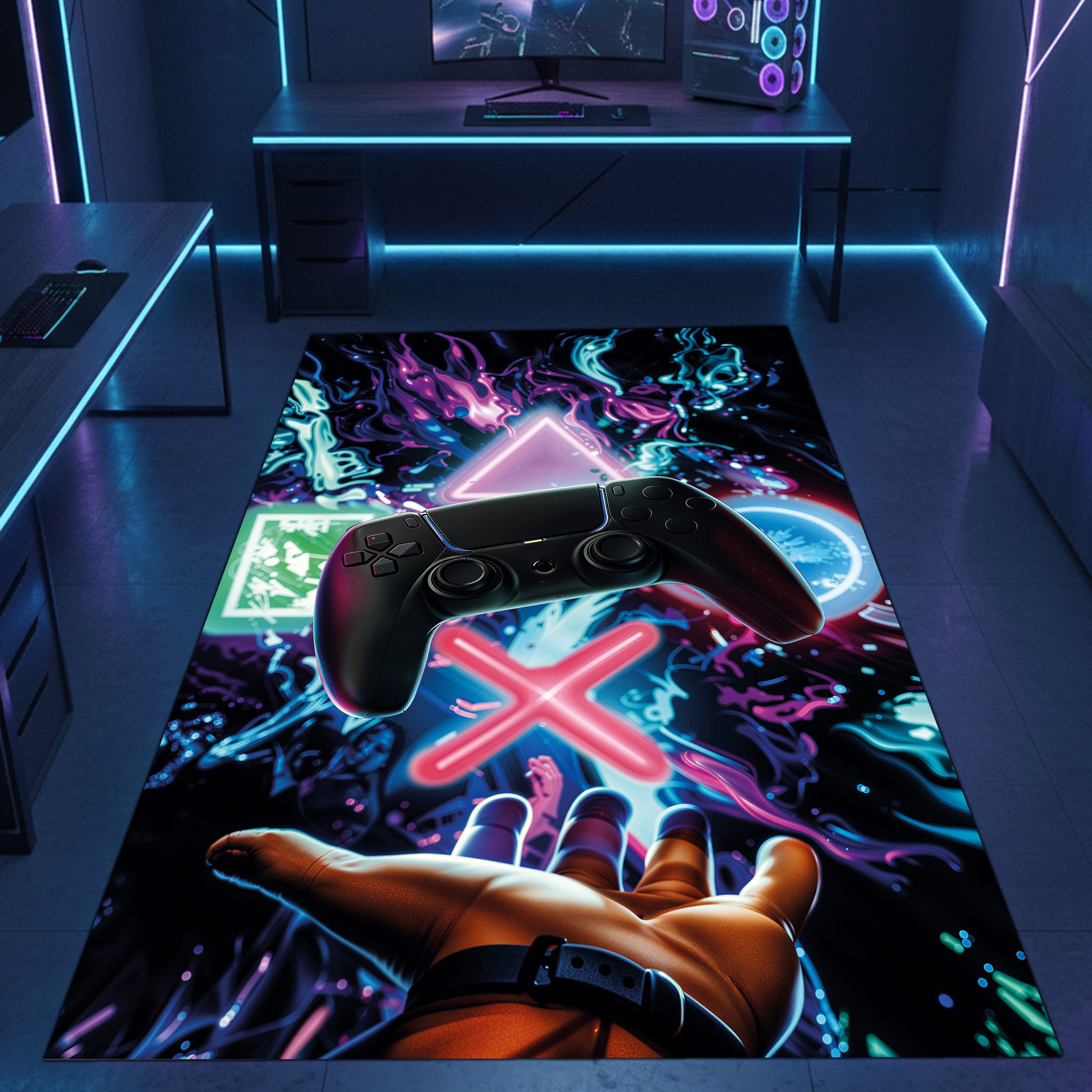 Carpetia Designteppich Gaming Teppich, rechteckig, Höhe: 5 mm, mit grafischen Gaming-Motiven in Neon-Optik