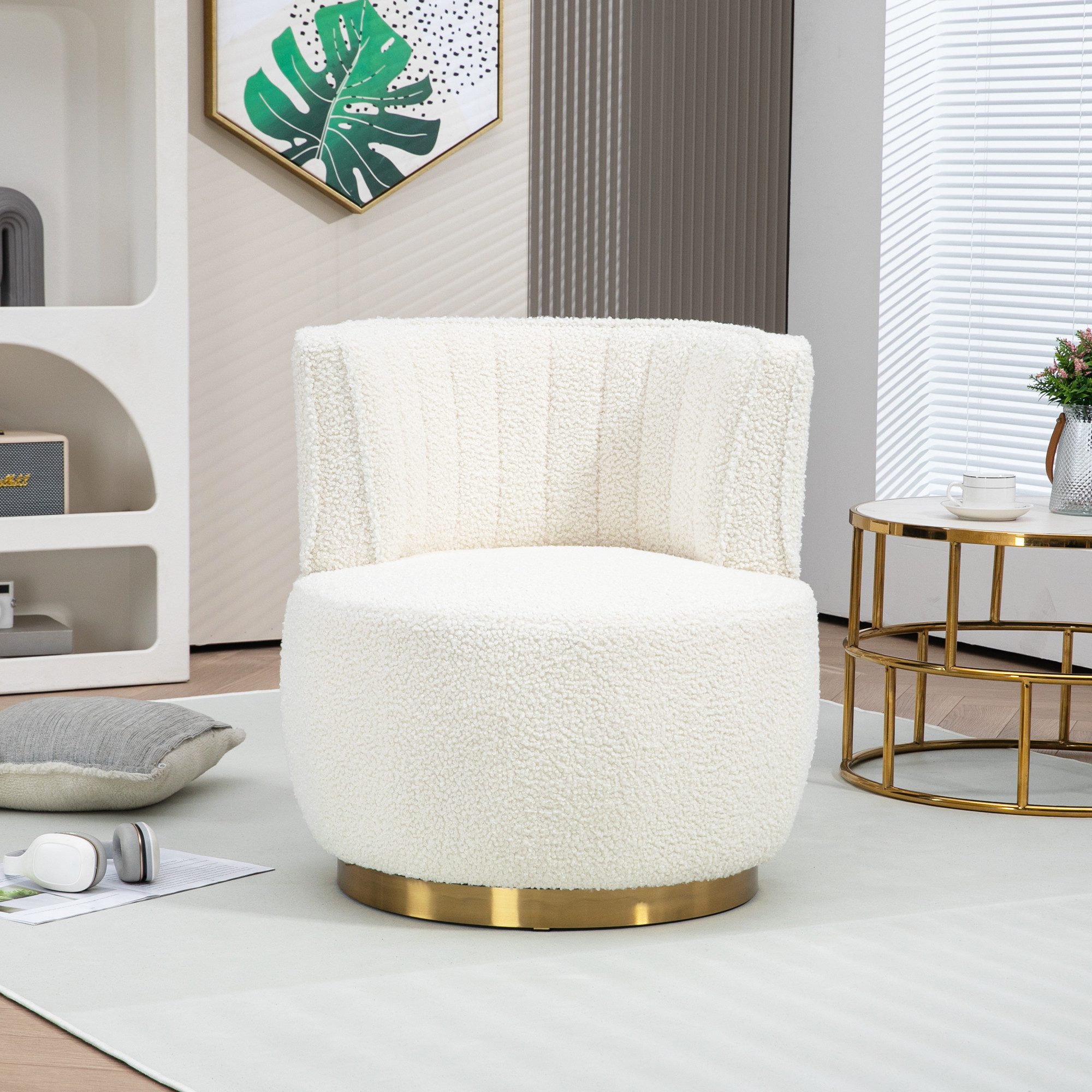 KLAM HOME Stuhl Moderner 360-Grad-Drehstuhl aus Teddy/Samt – Komfortable Rückenlehne, Wohnzimmerstuhl Geeignet für Wohnzimmer Schlafzimmer Arbeitszimmer