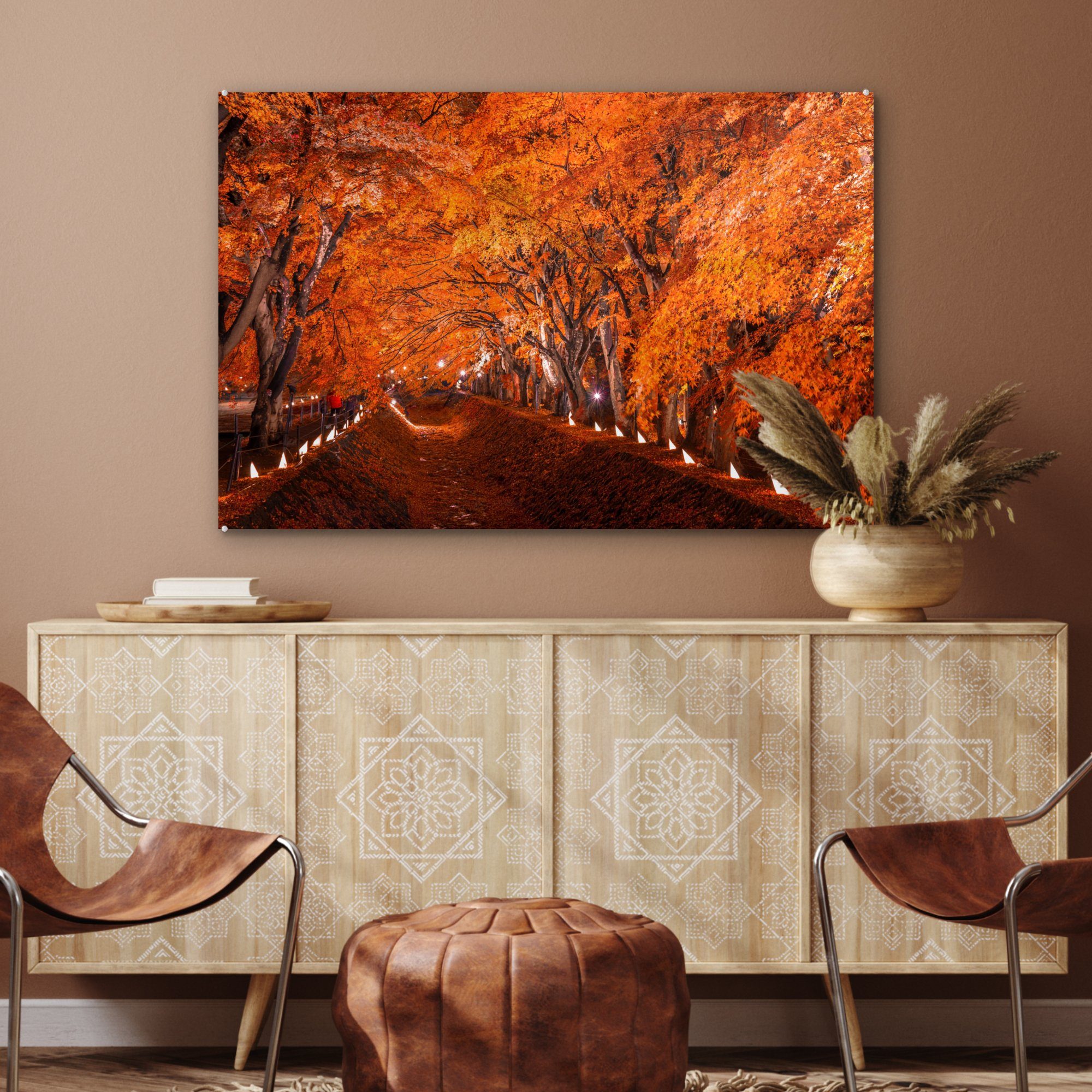 Herbstlicher MuchoWow Acrylglasbild (1 Acrylglasbilder Schlafzimmer St), Pfad, Wohnzimmer &